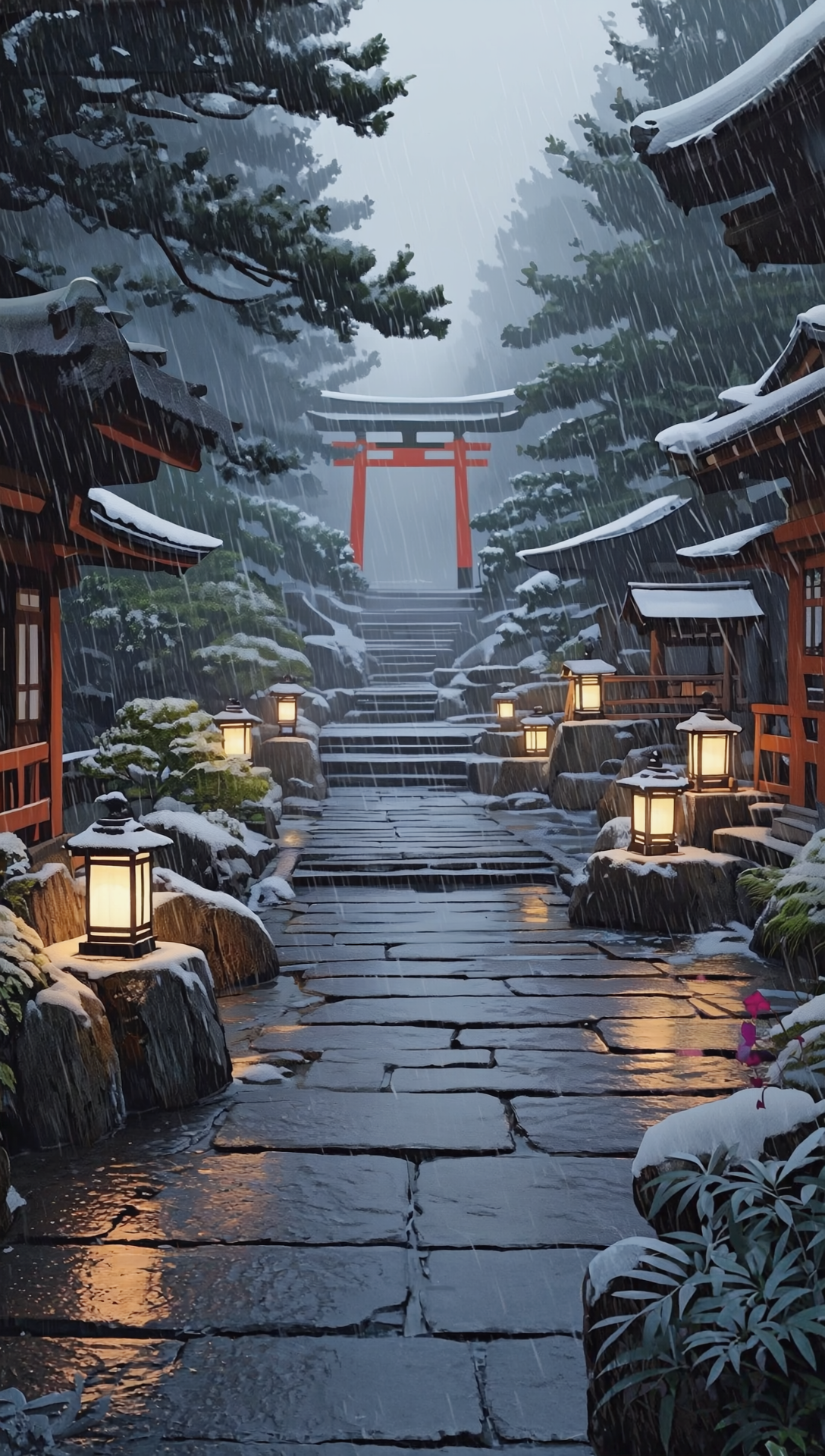免费照片手机壁纸，冬季城市街道上的雪景，燃烧的灯光