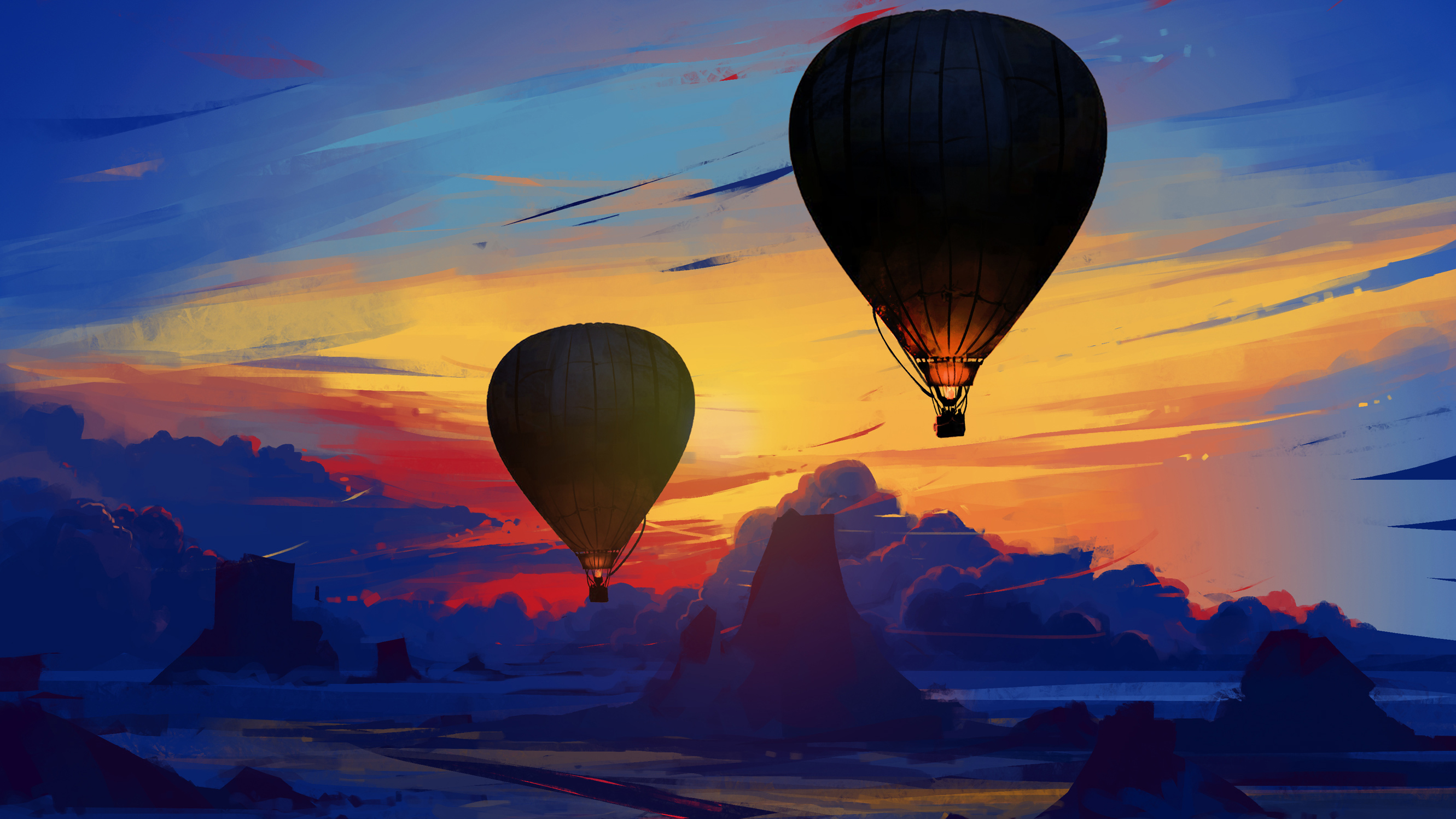 Рисунок воздушных шаров в небе на закате