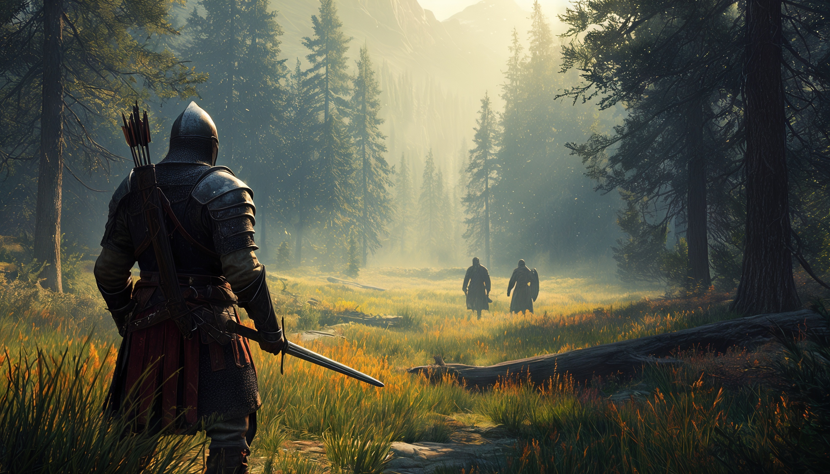 Средневековый воин в лесу с оружием следит издалека за двумя силуэтами.