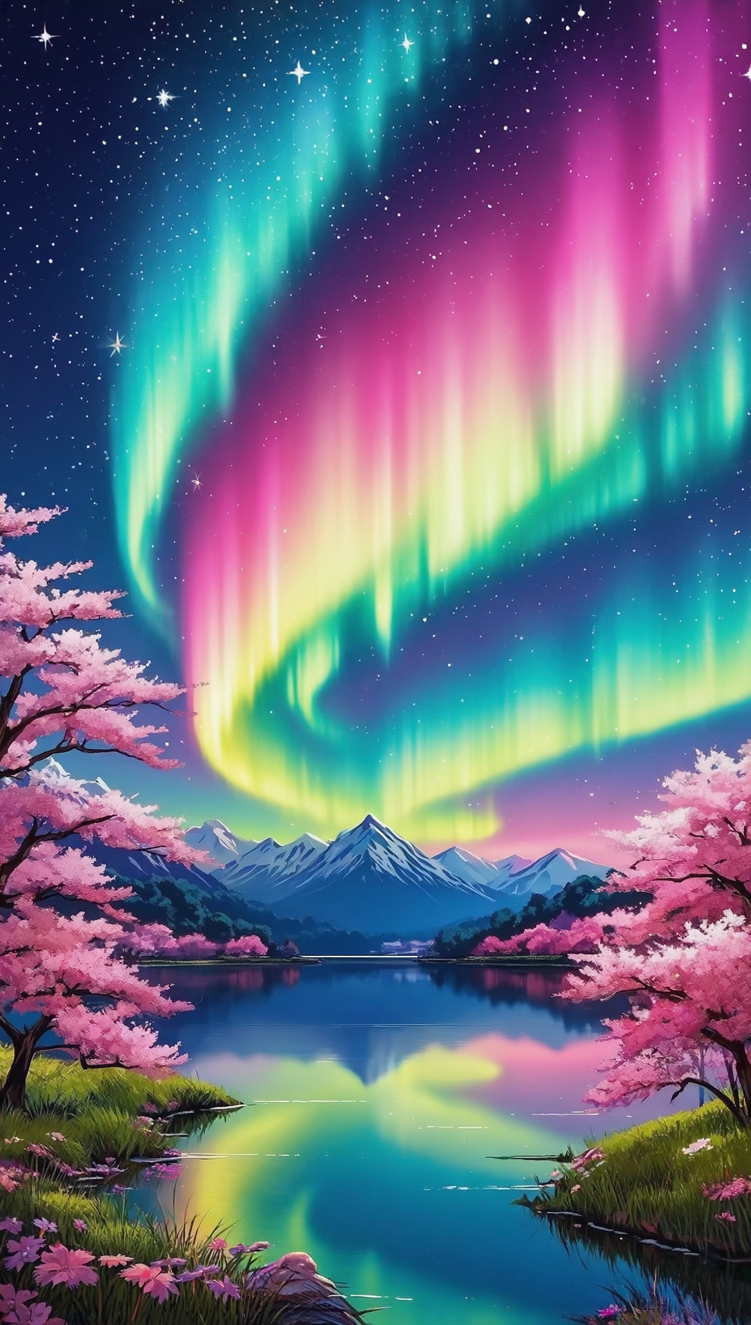 Free photo Wallpaper on the phone live cover VK winter landscape with northern lights