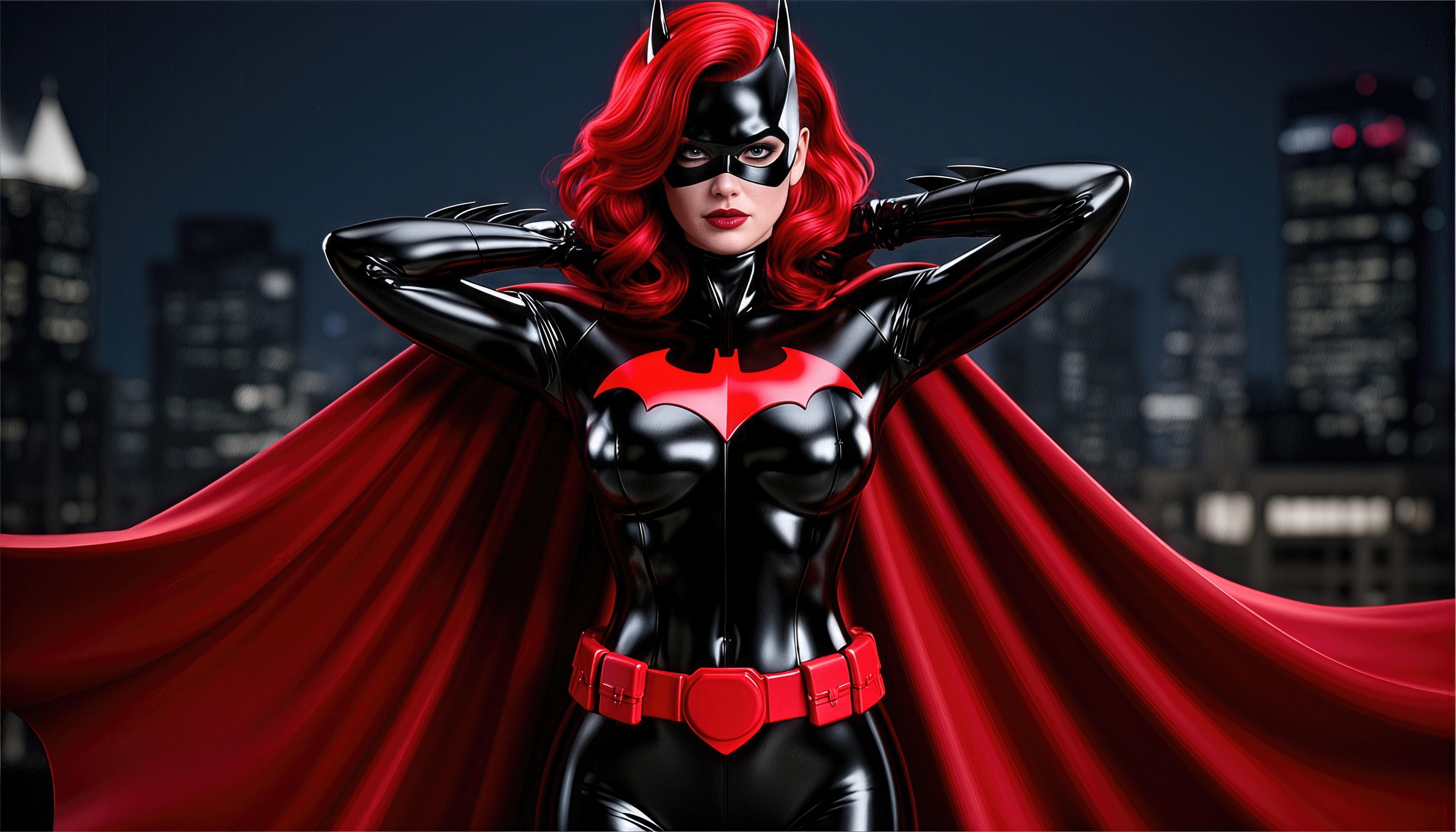 Free photo Batwoman in a black suit with a scarlet cape on the background of a city at night.