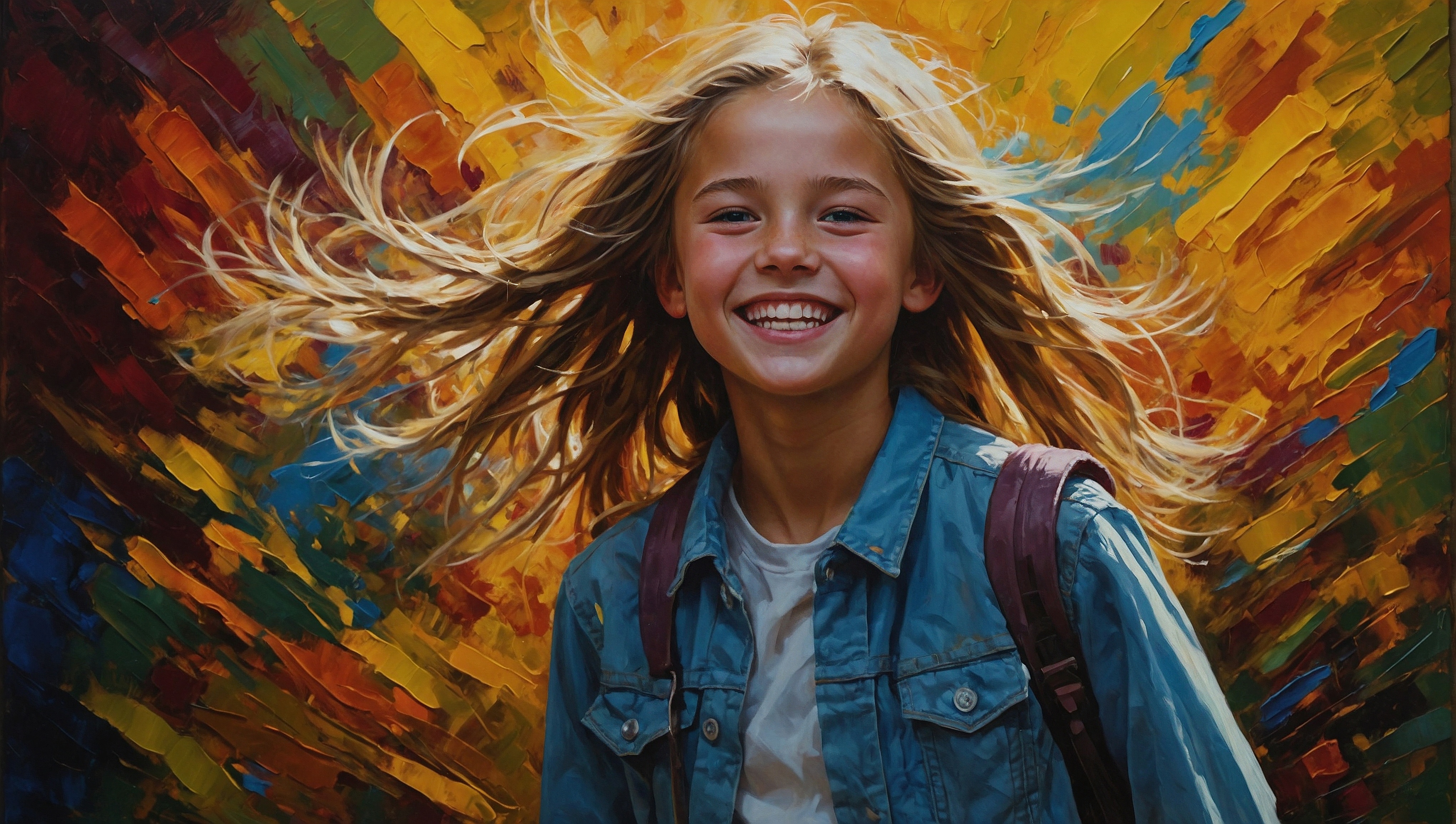 A girl smiles in the background of a painting with colorful wings