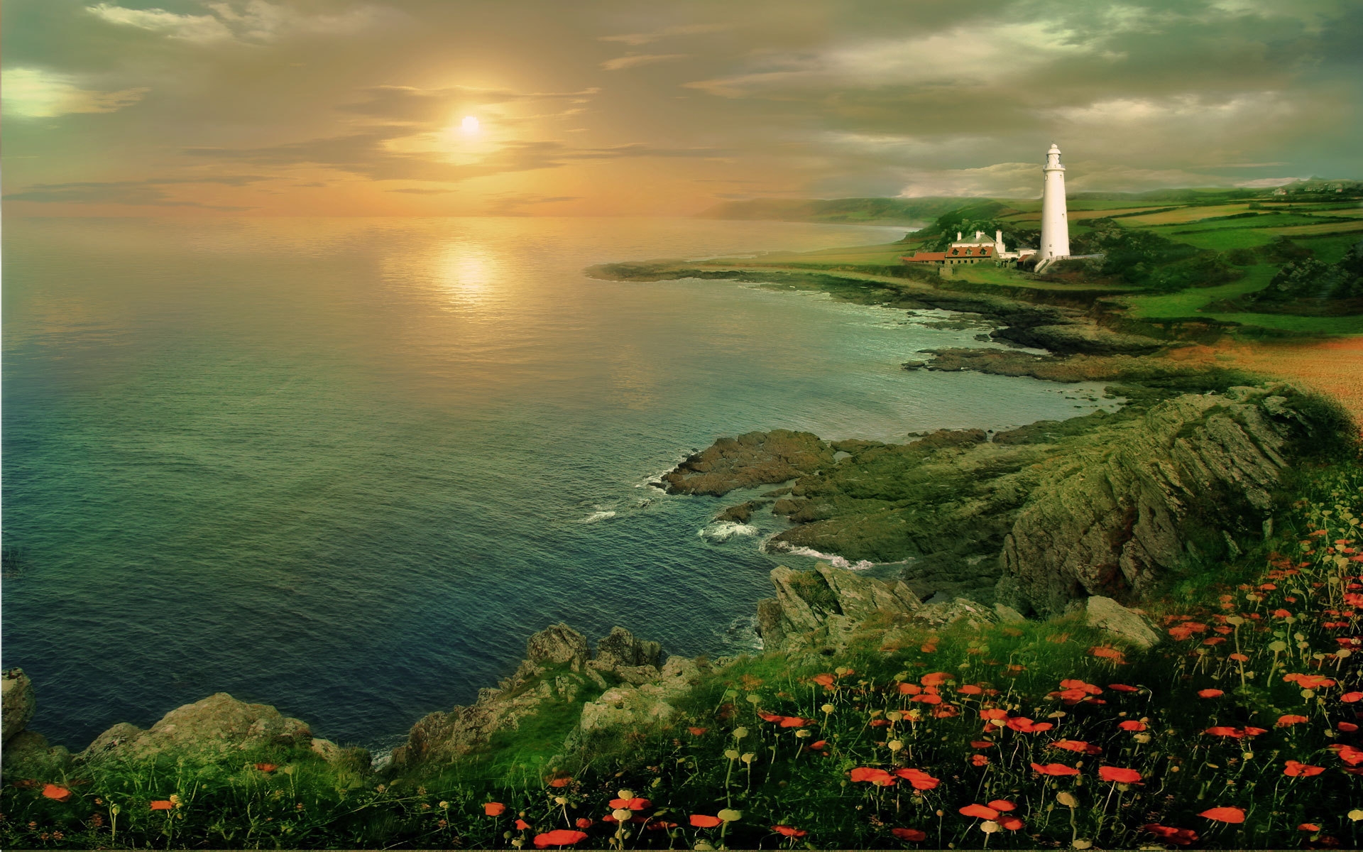 Wallpapers lighthouse sunset sea on the desktop