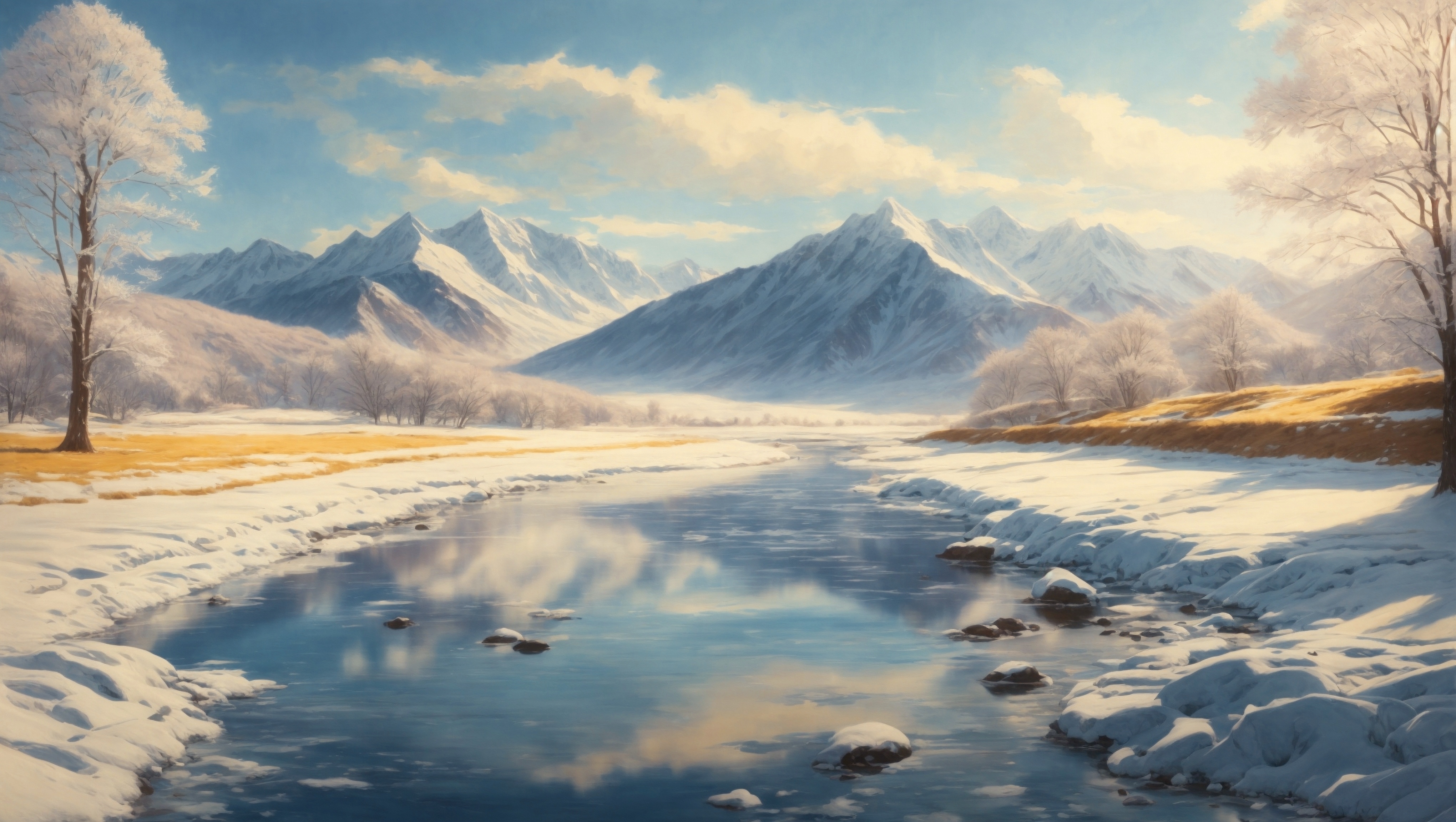 Бесплатное фото Картина с изображением снежного горного озера, окруженного снегом