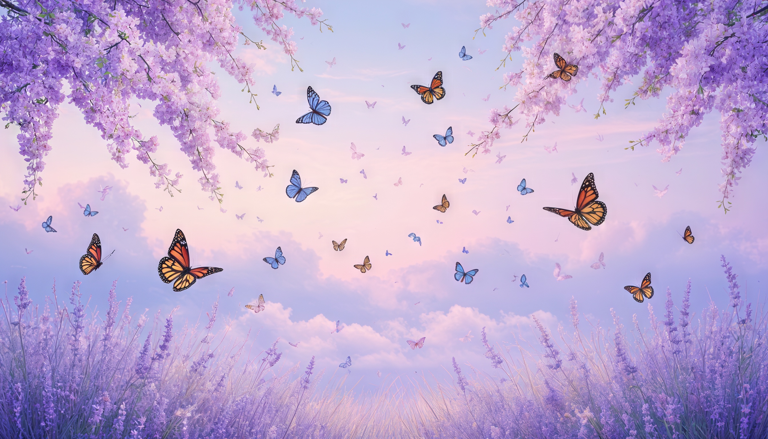 Бесплатное фото Фон с сиреневыми цветами и бабочками на голубом небе.