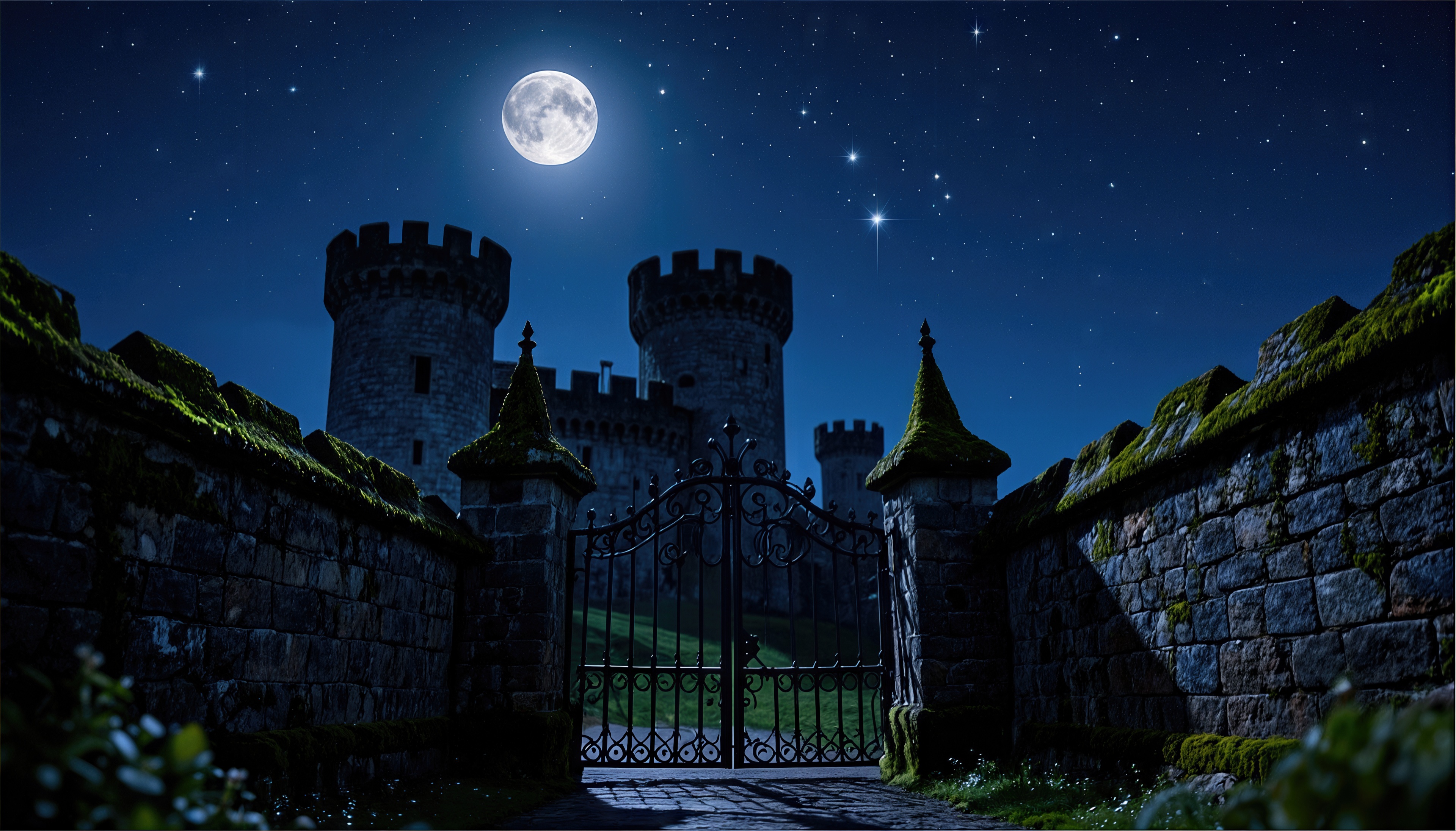 Free photo A Gothic castle under a full moon and a starry sky.