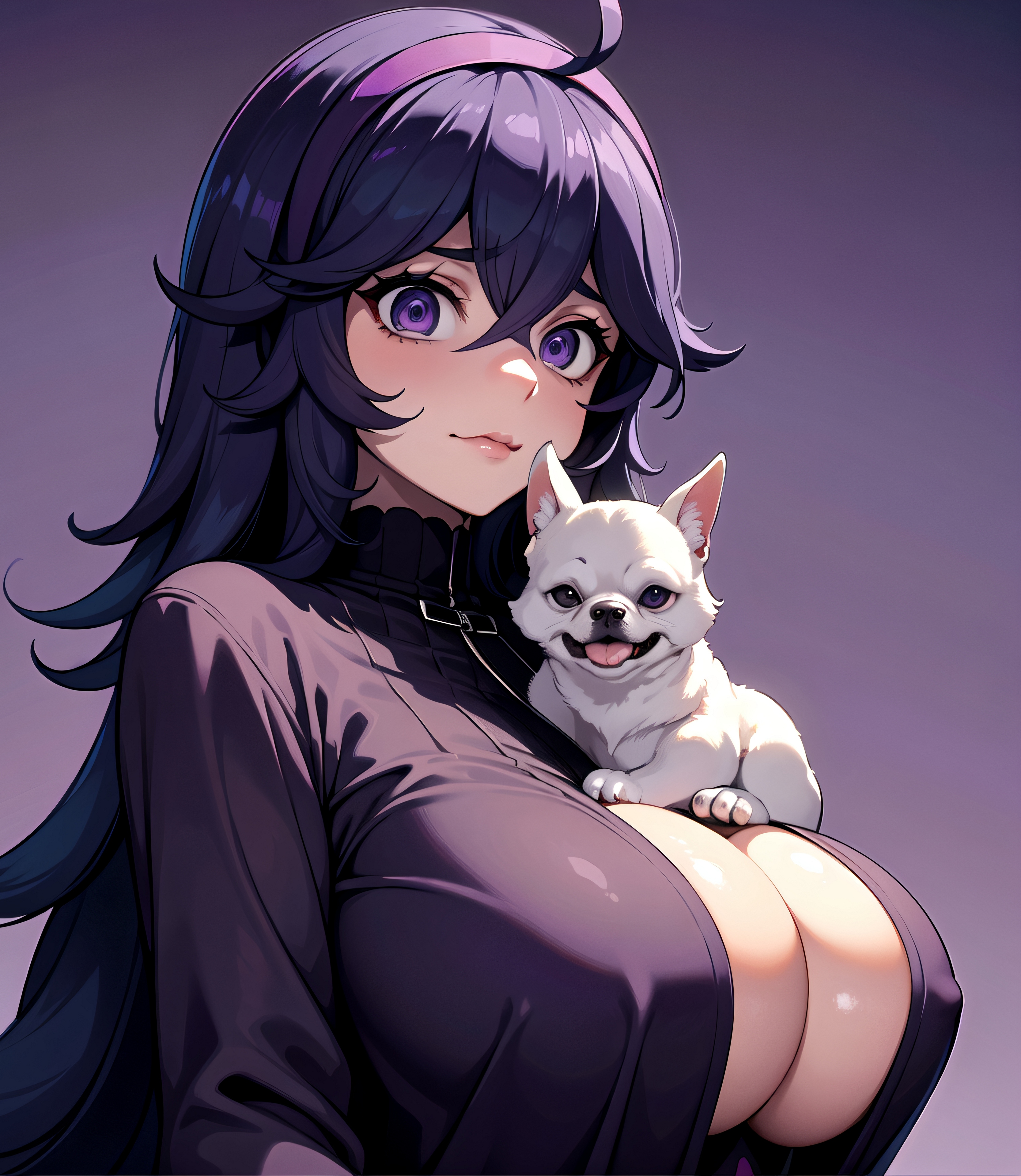 Грудастая девушка с собакой