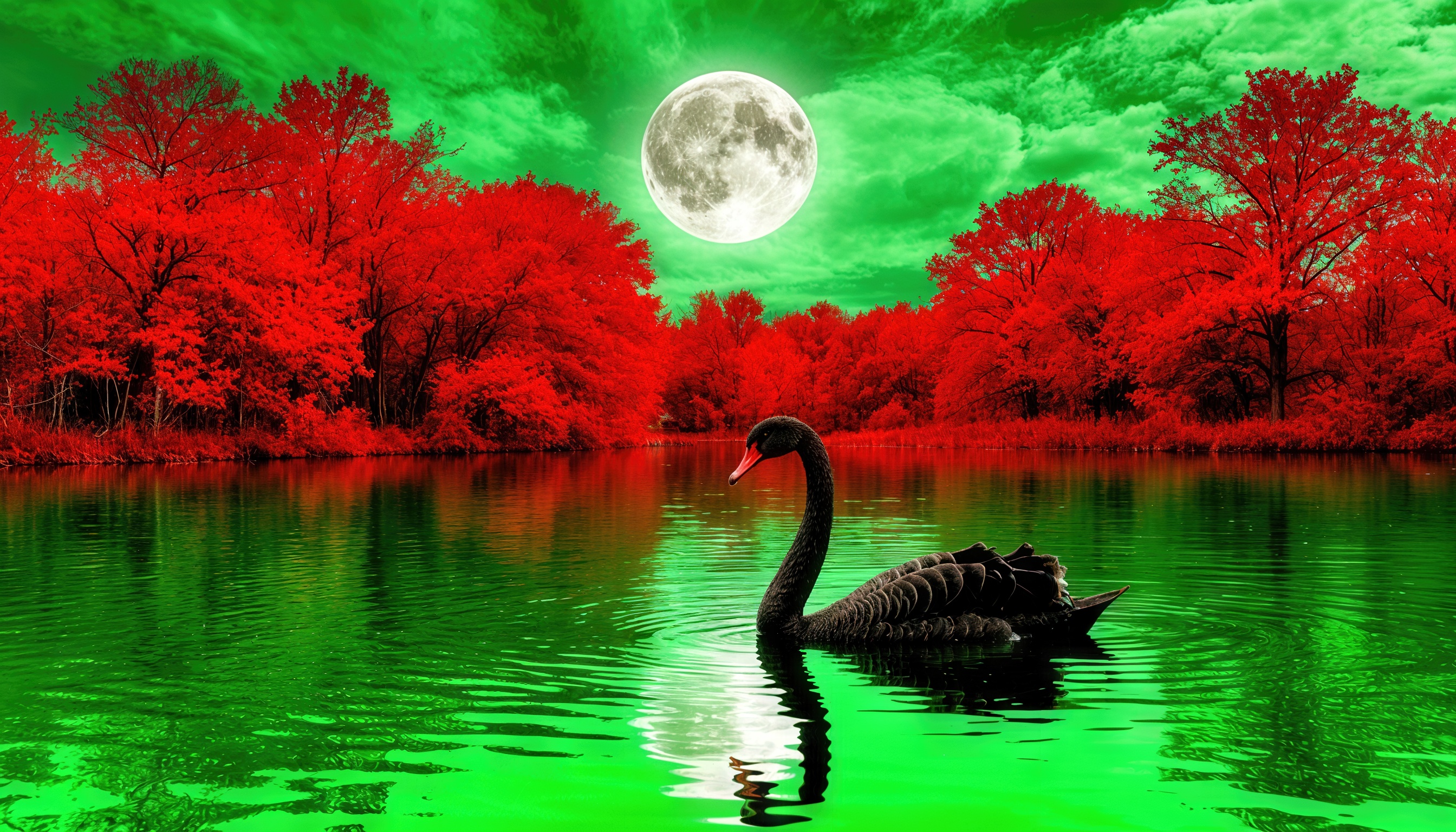 Бесплатное фото Молодой лебедь на зеленой воде перед красным лесом и зеленой луной на фоне сюрреалистического неба.