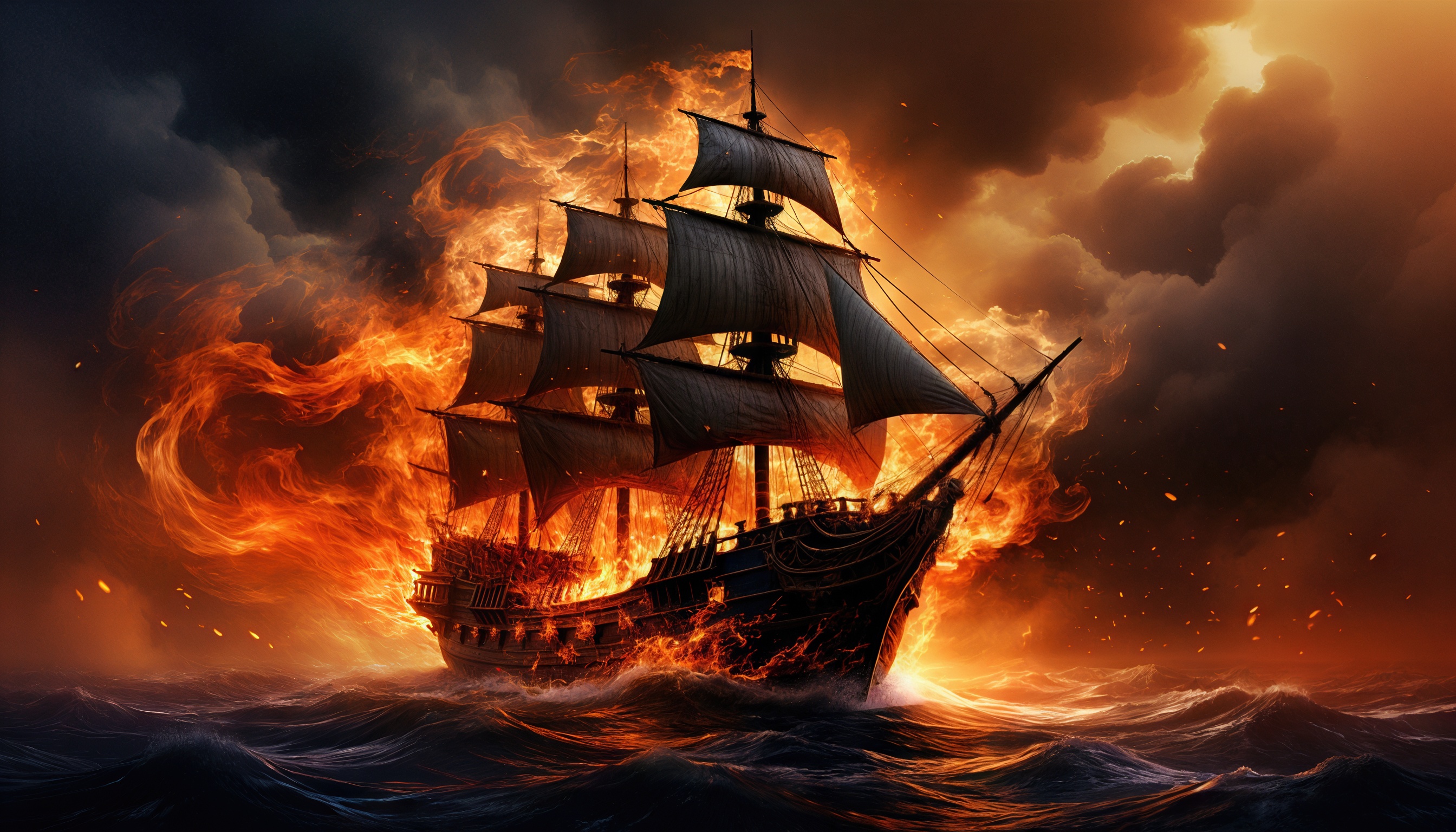 Бесплатное фото Корабль в огне плывет по бурному морю под оранжевым небом.