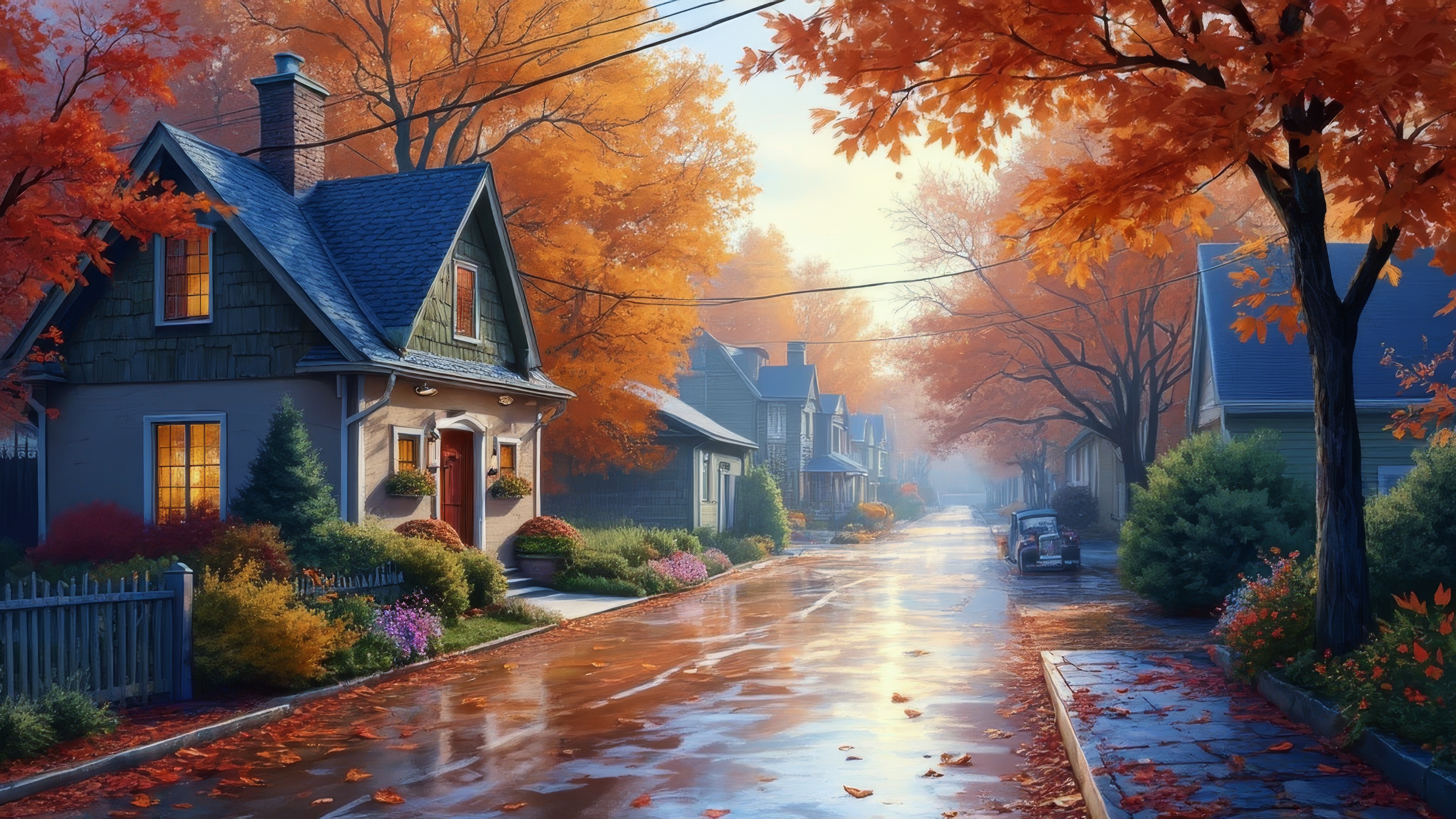 Картина с изображением дома с осенней листвой