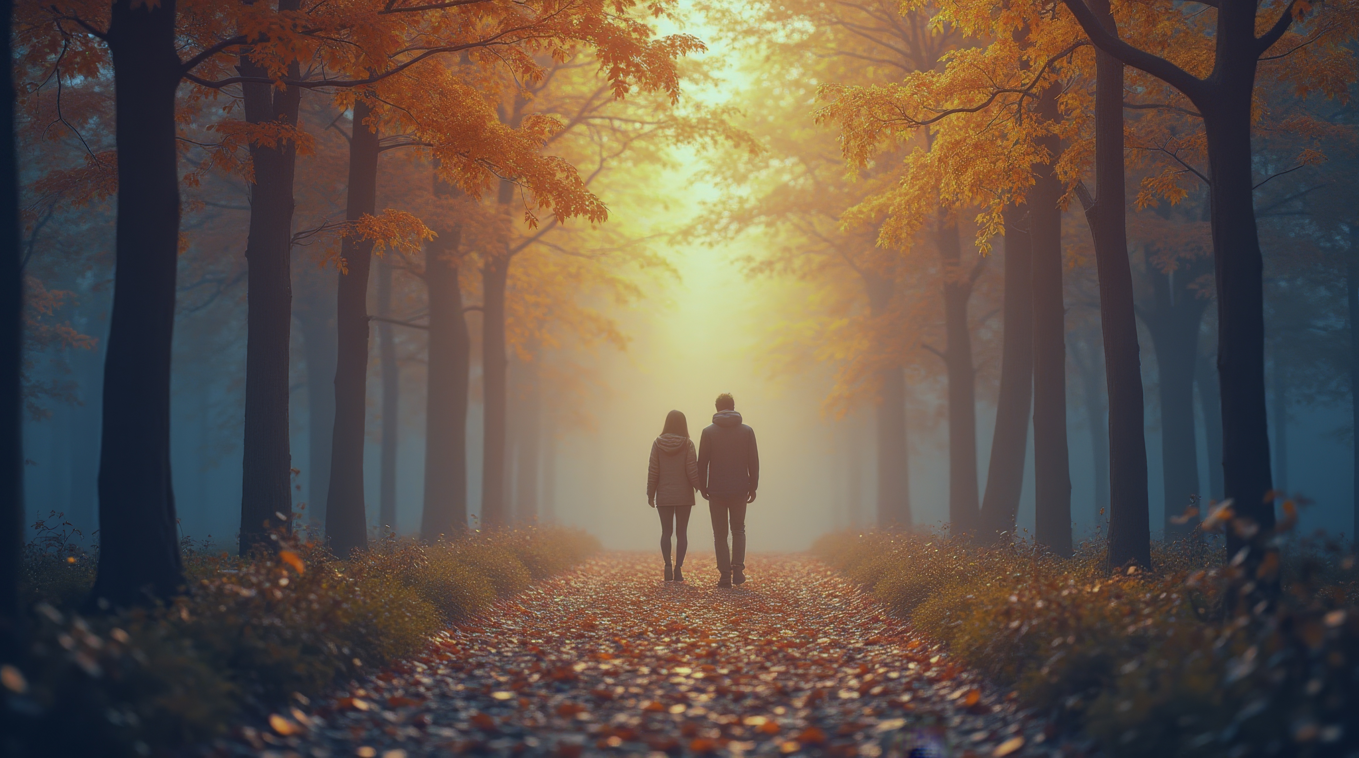 Бесплатное фото Люди идут по темному лесу под желтыми и зелеными листьями.