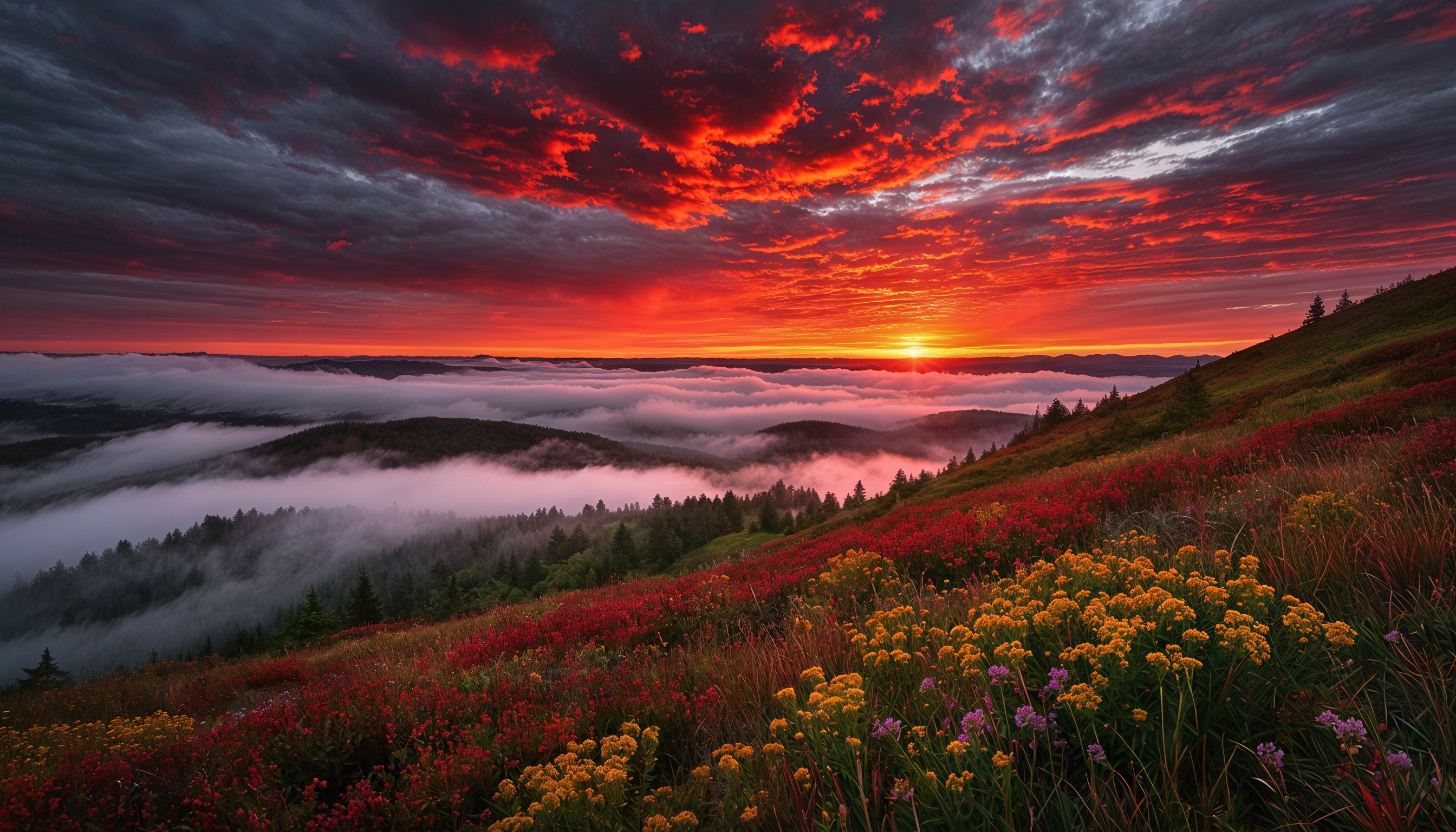 Бесплатное фото Живописный пейзаж, покрытыми цветами и облаками, создающими впечатление, что они касаются земли, на фоне неба заката.