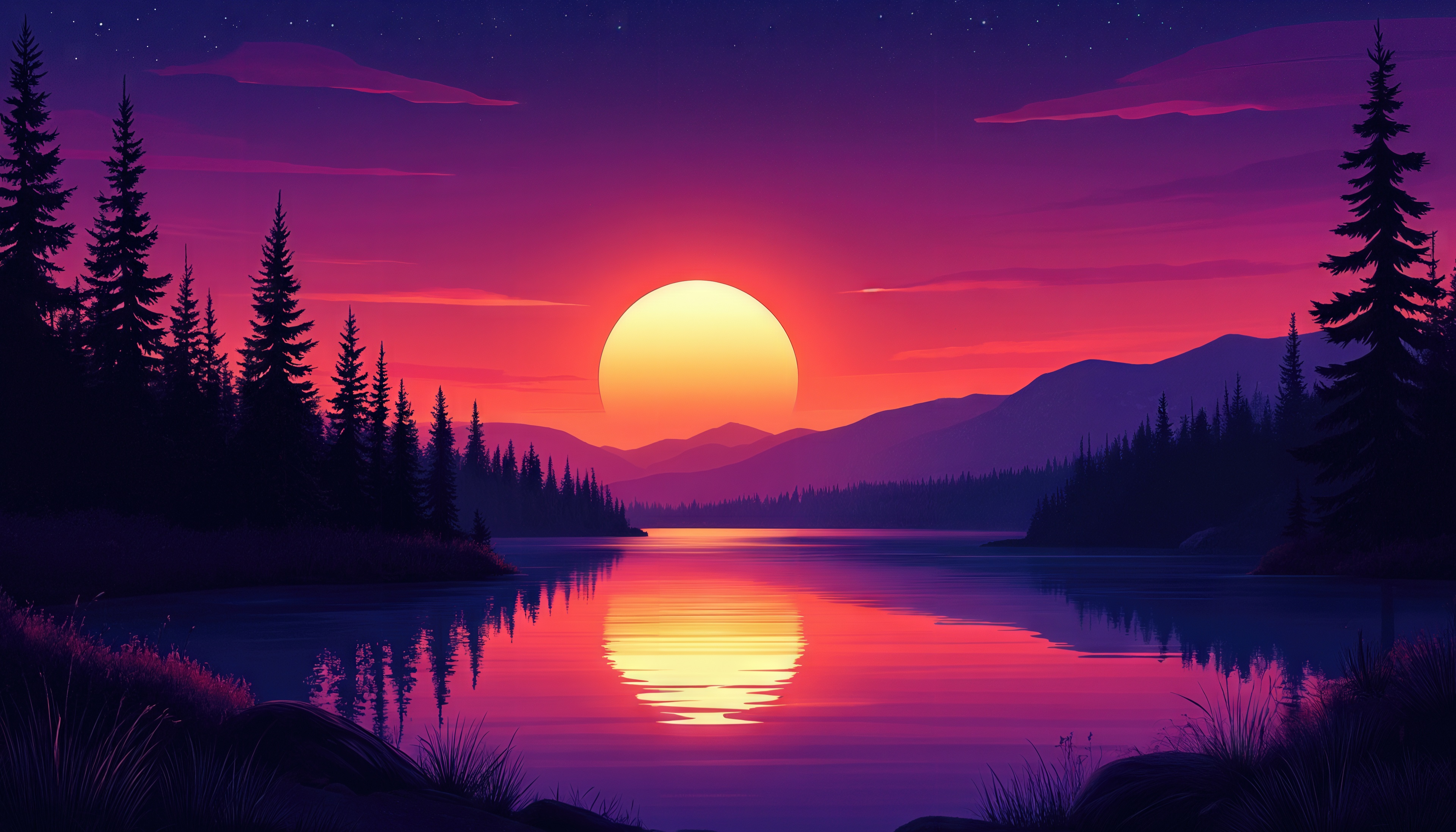 Бесплатное фото Закат над спокойным озером, окружённым лесом и горами.