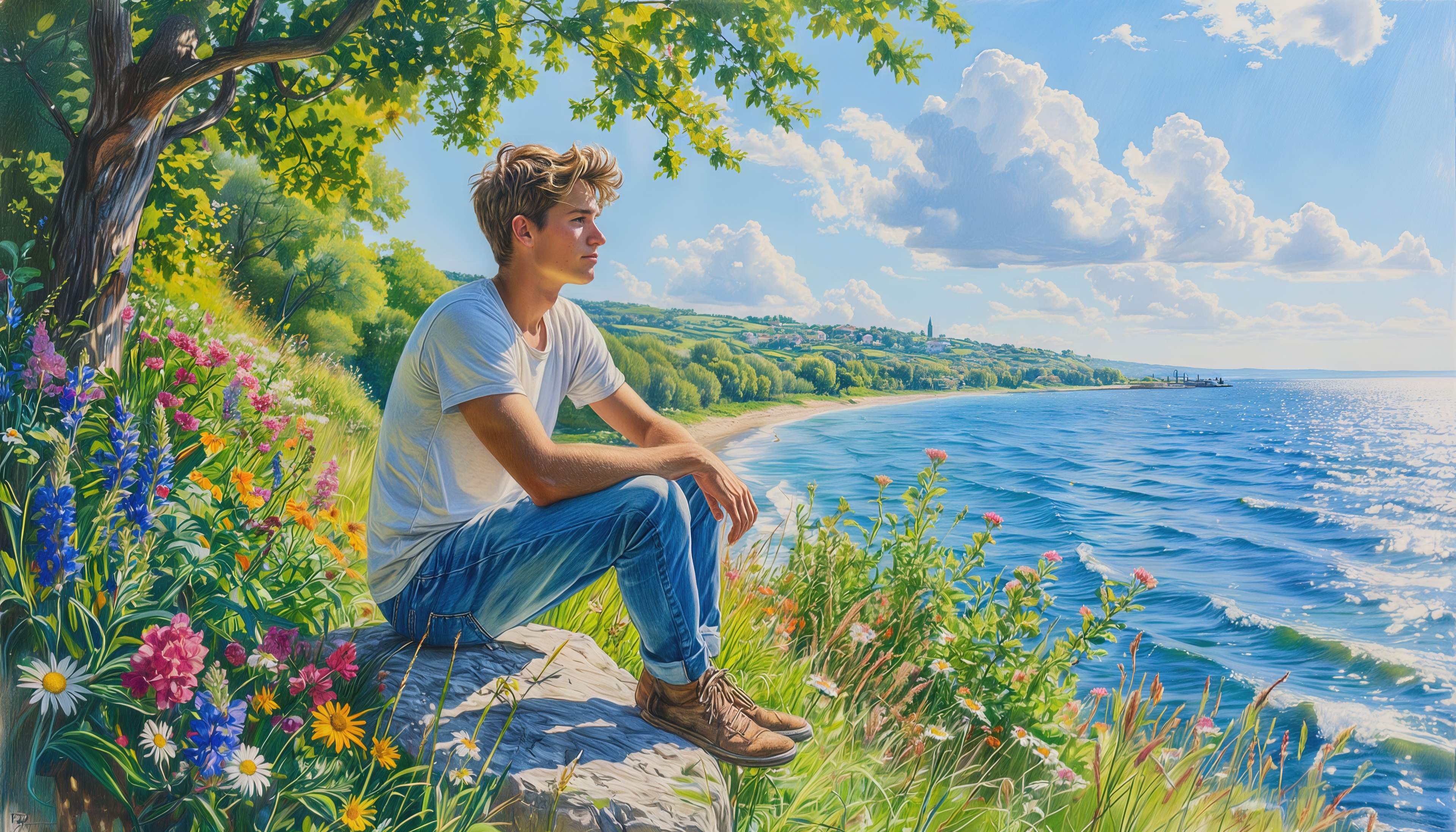 Бесплатное фото Юноша задумчиво сидит на скале у моря среди ярких цветов.