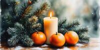 Новогодняя композиция: еловые ветви, мандарины и зажжённая свеча.