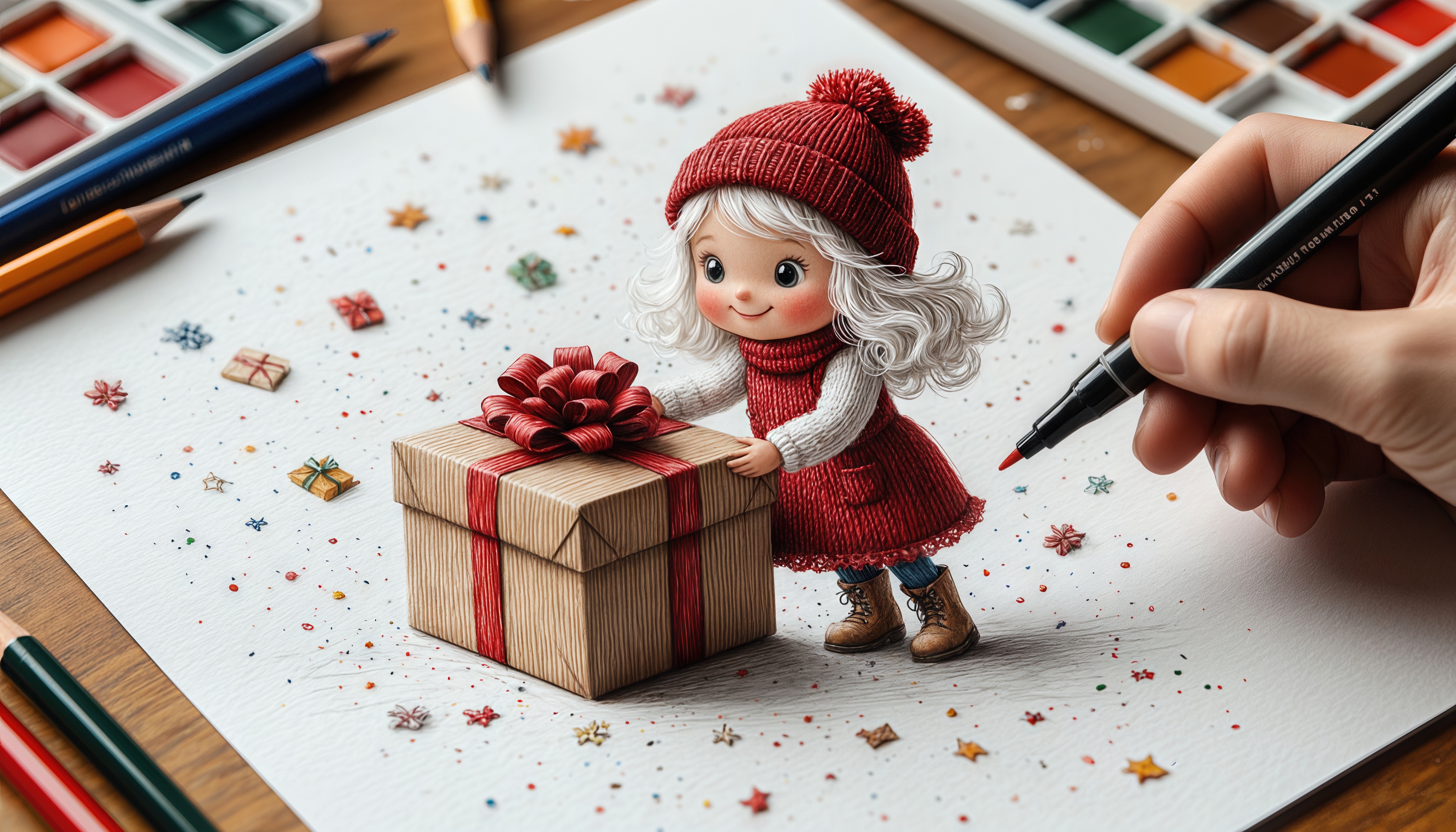 Милая девочка в красном держит подарочную коробку на рисунке.
