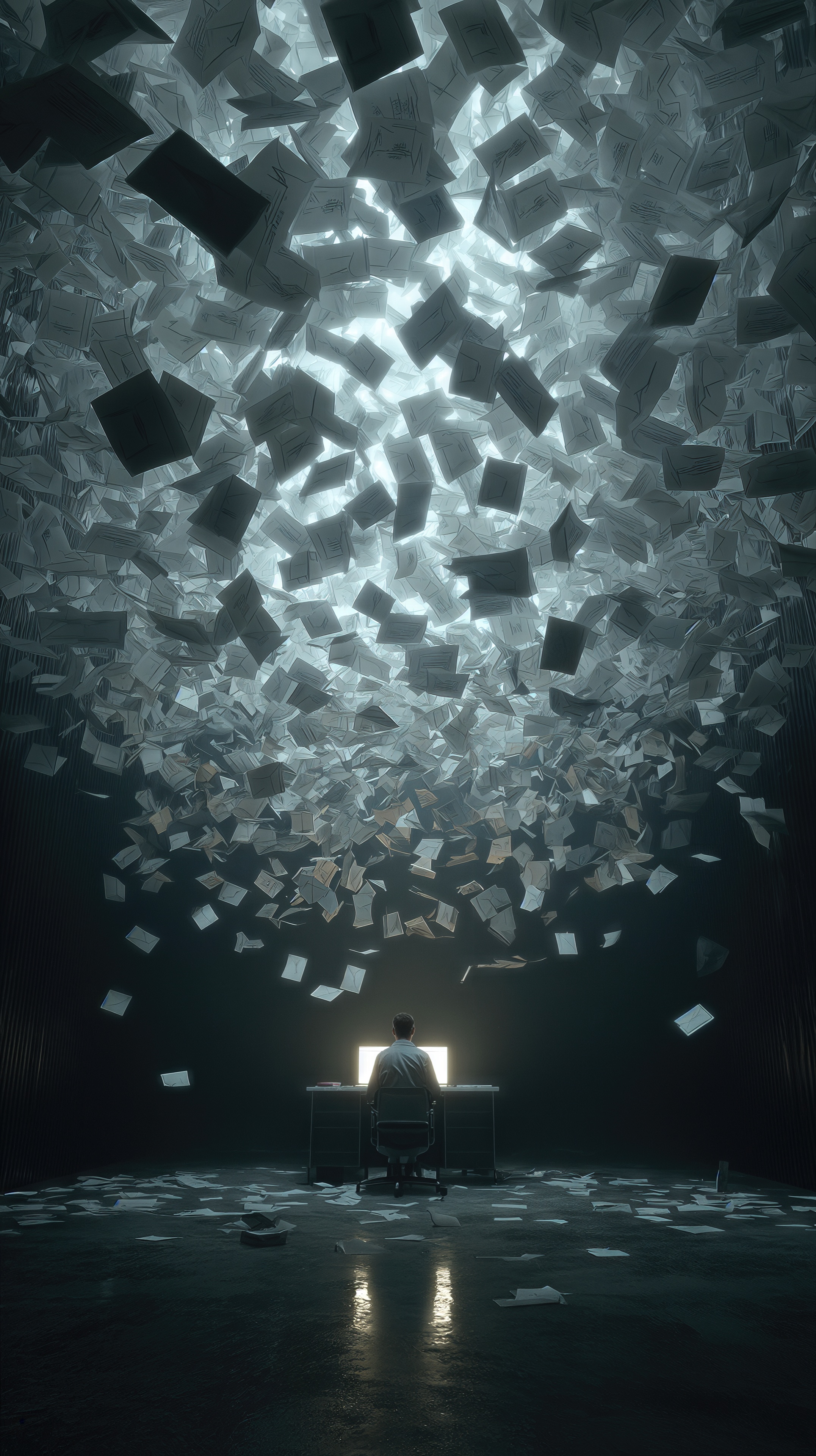 A conceptual drawing about deadlines and bureaucracy: a man at a computer under a huge cloud of flying sheets.