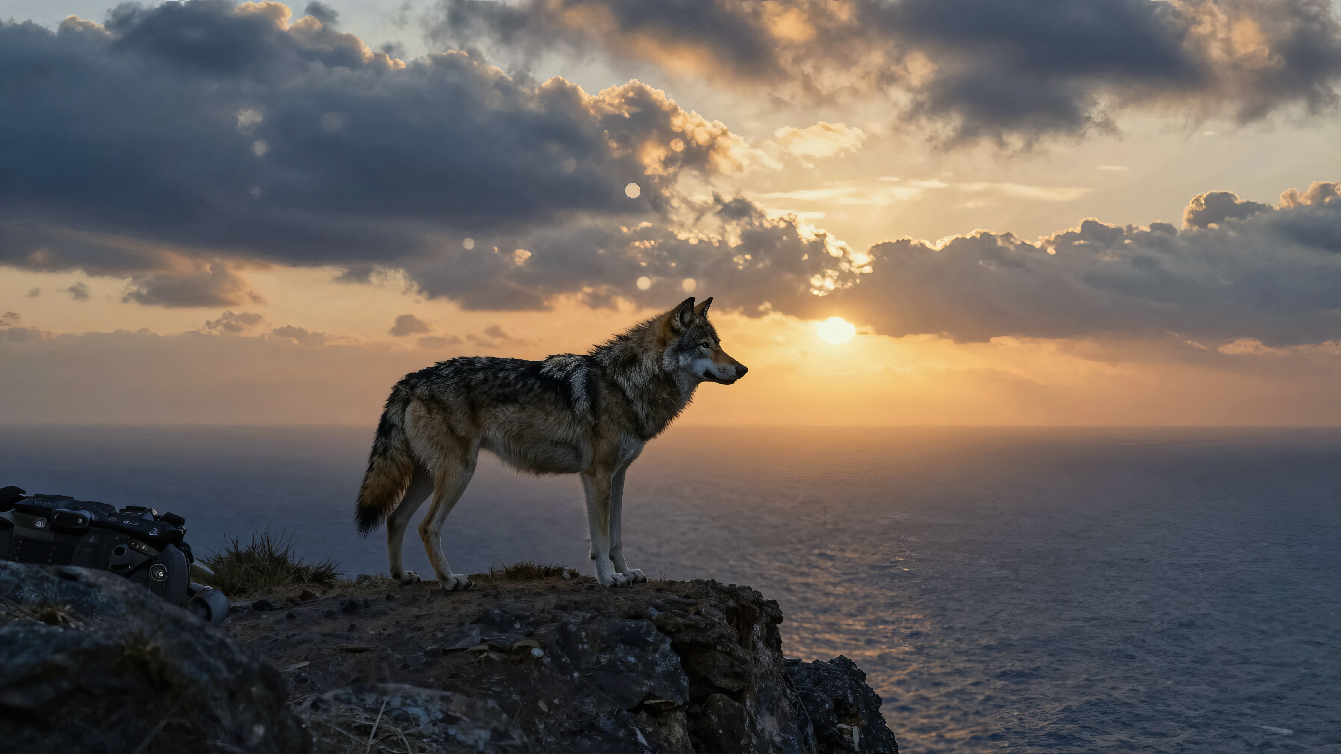 Бесплатное фото Одинокий волк на скалистом утесе смотрит на закат