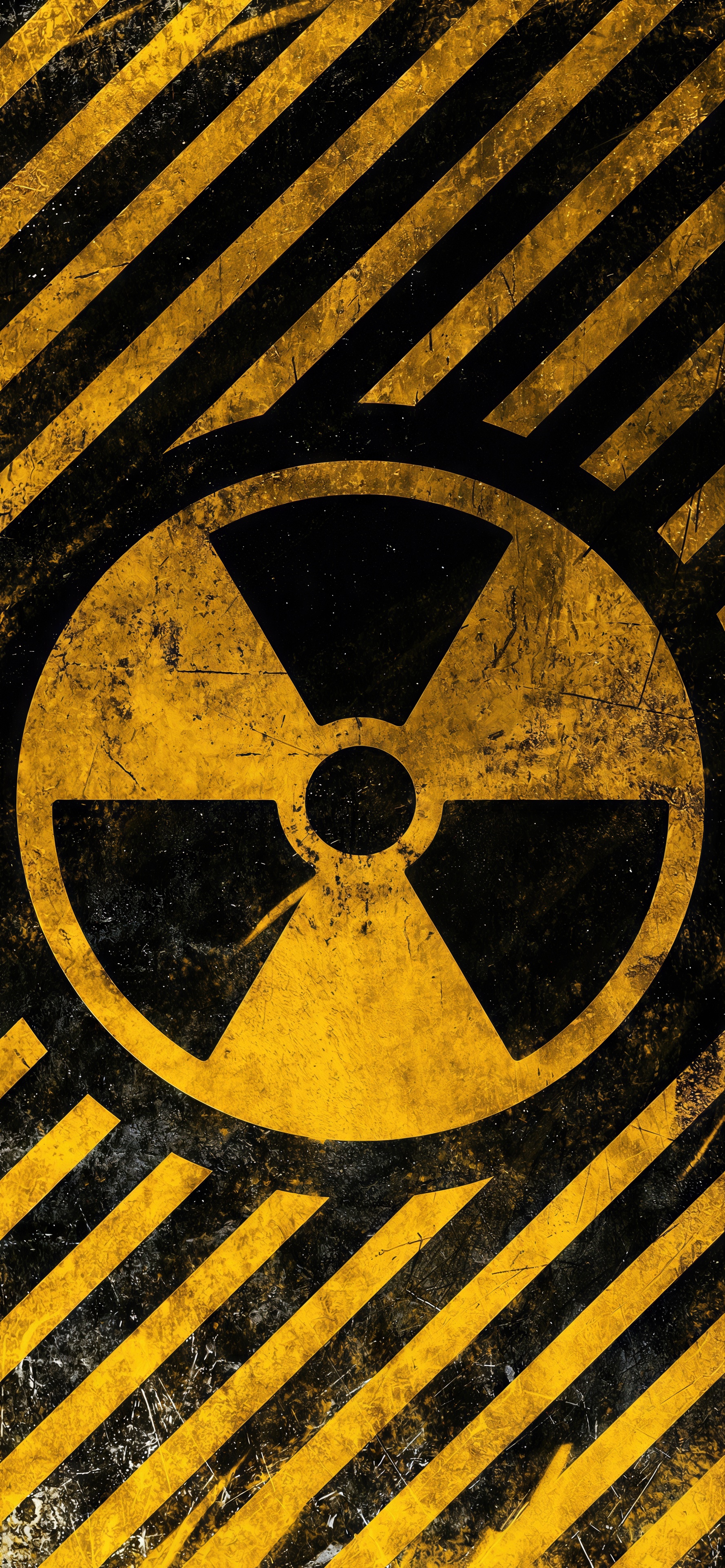 Бесплатное фото Жёлто-чёрный знак радиации на фоне предупреждающих полос - символ опасности.