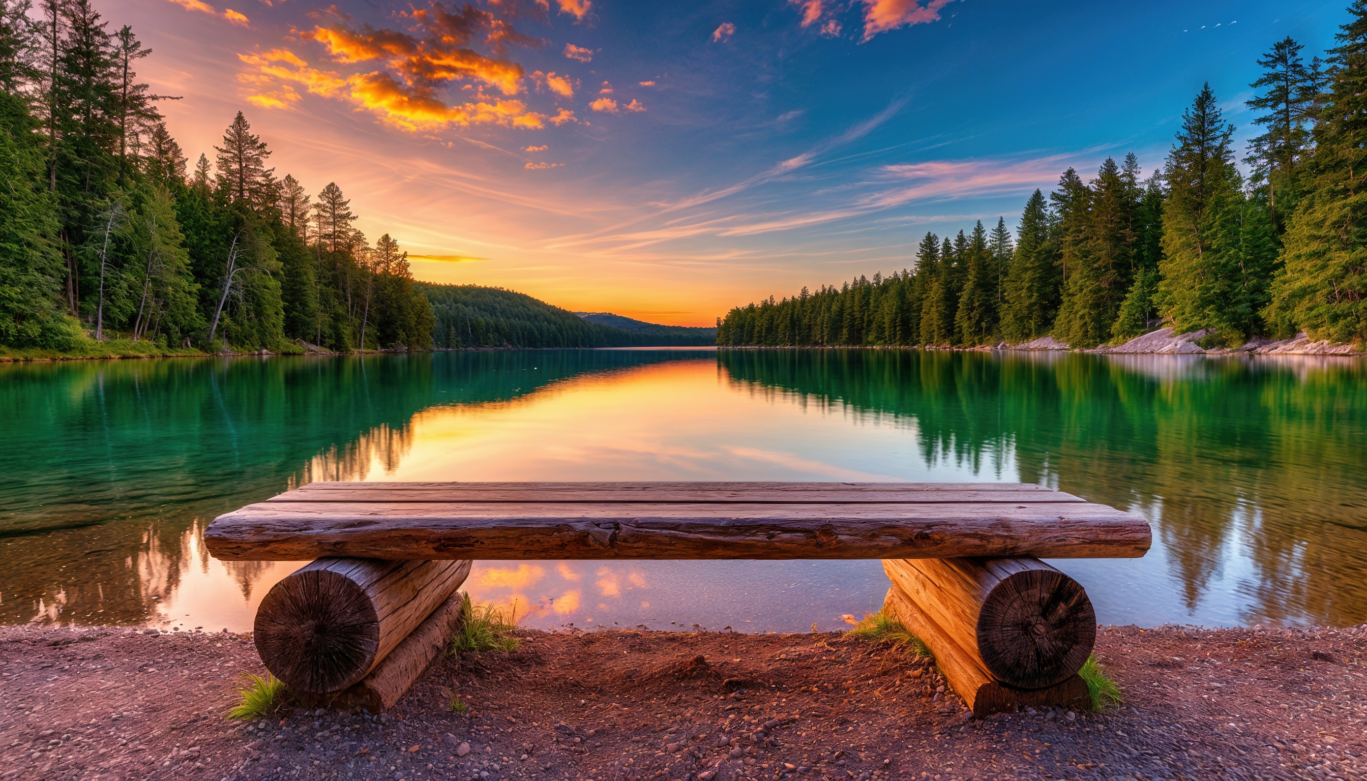 Бесплатное фото Деревянная скамья у озера на фоне закатного неба и леса.