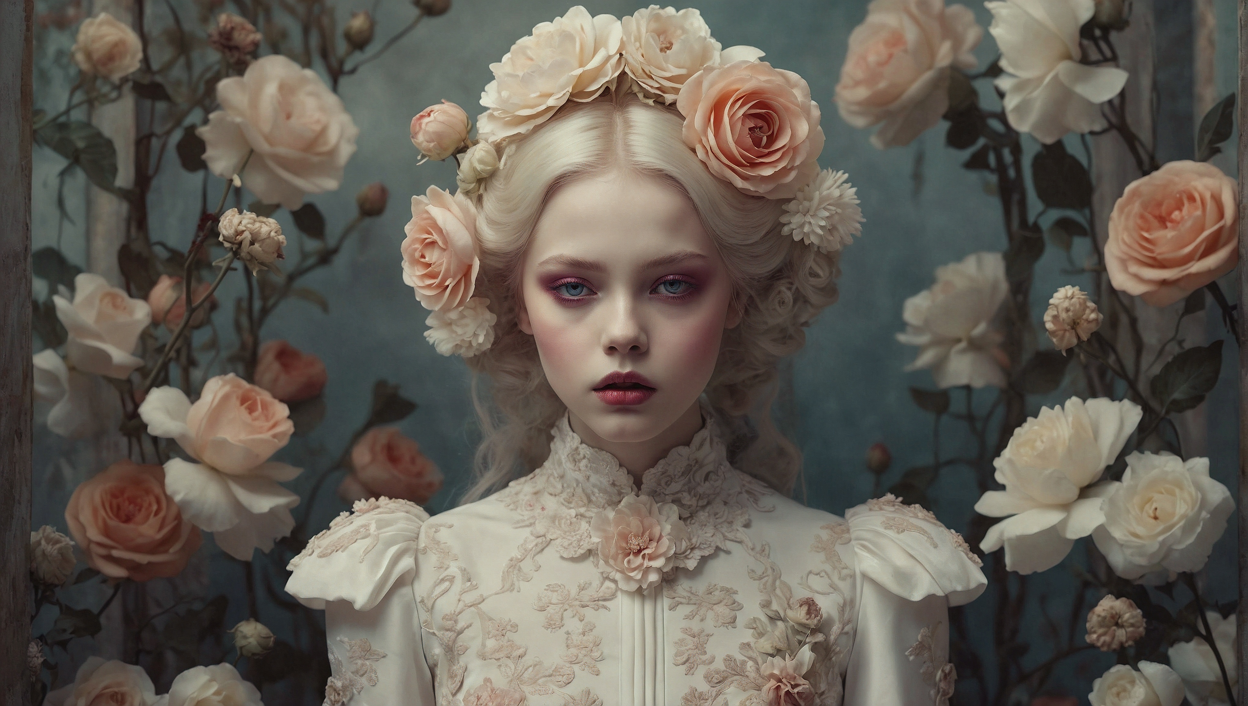 Free photo A woman wearing a white dress surrounded by pink roses