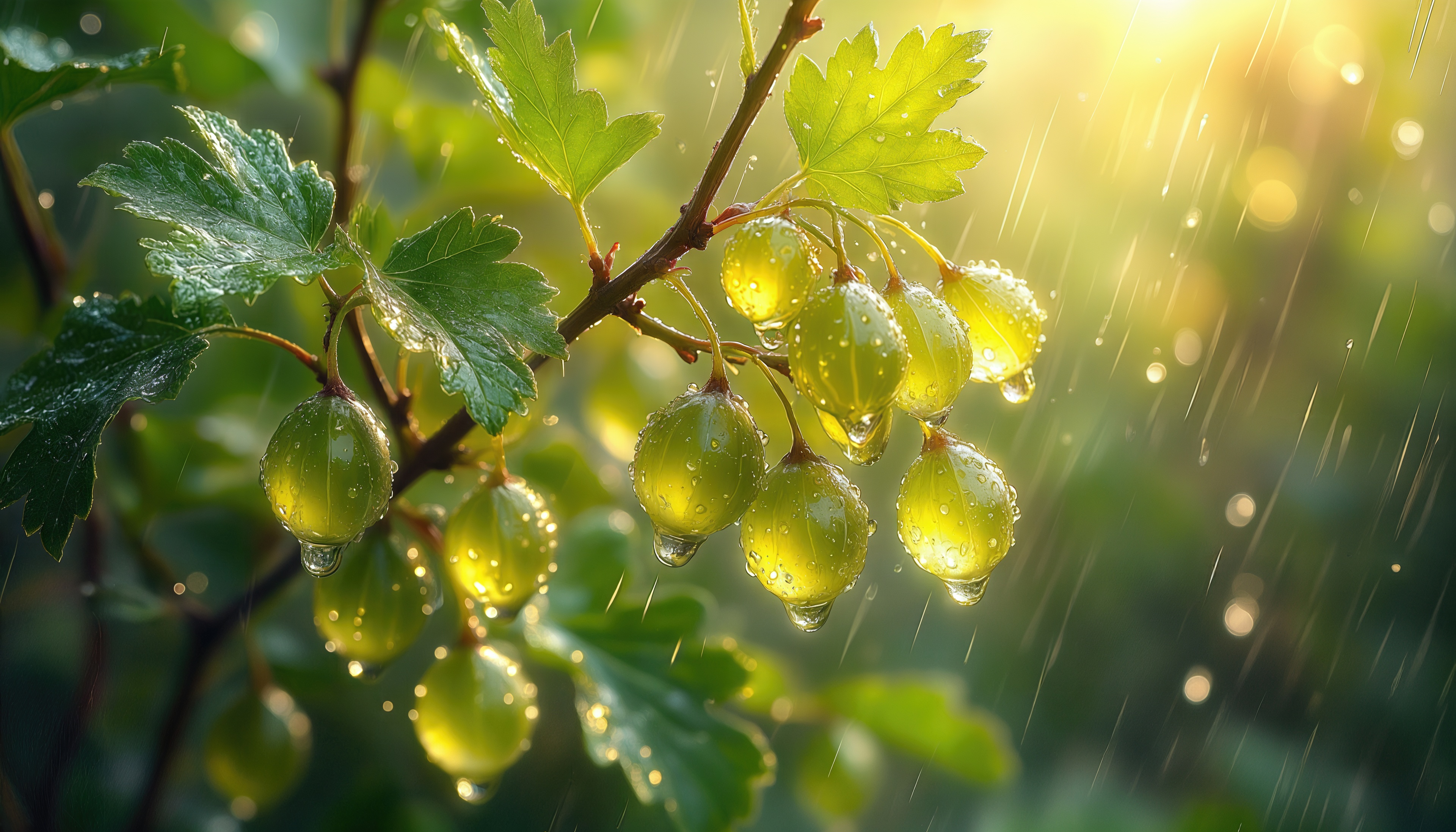 Бесплатное фото Ветка крыжовника в каплях дождя, залитая солнечным светом.