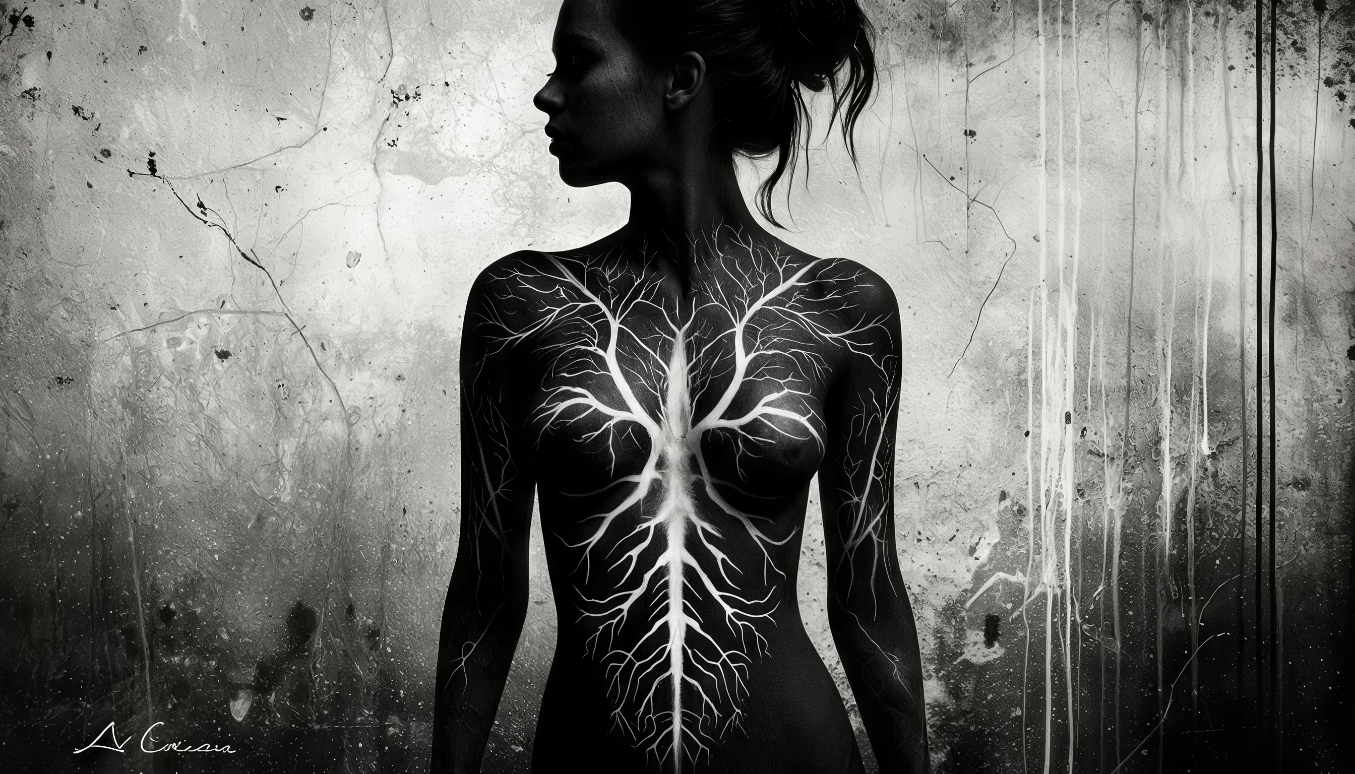 Бесплатное фото Девушка с изображением кровеносной системы на теле на черно-белом фоне.