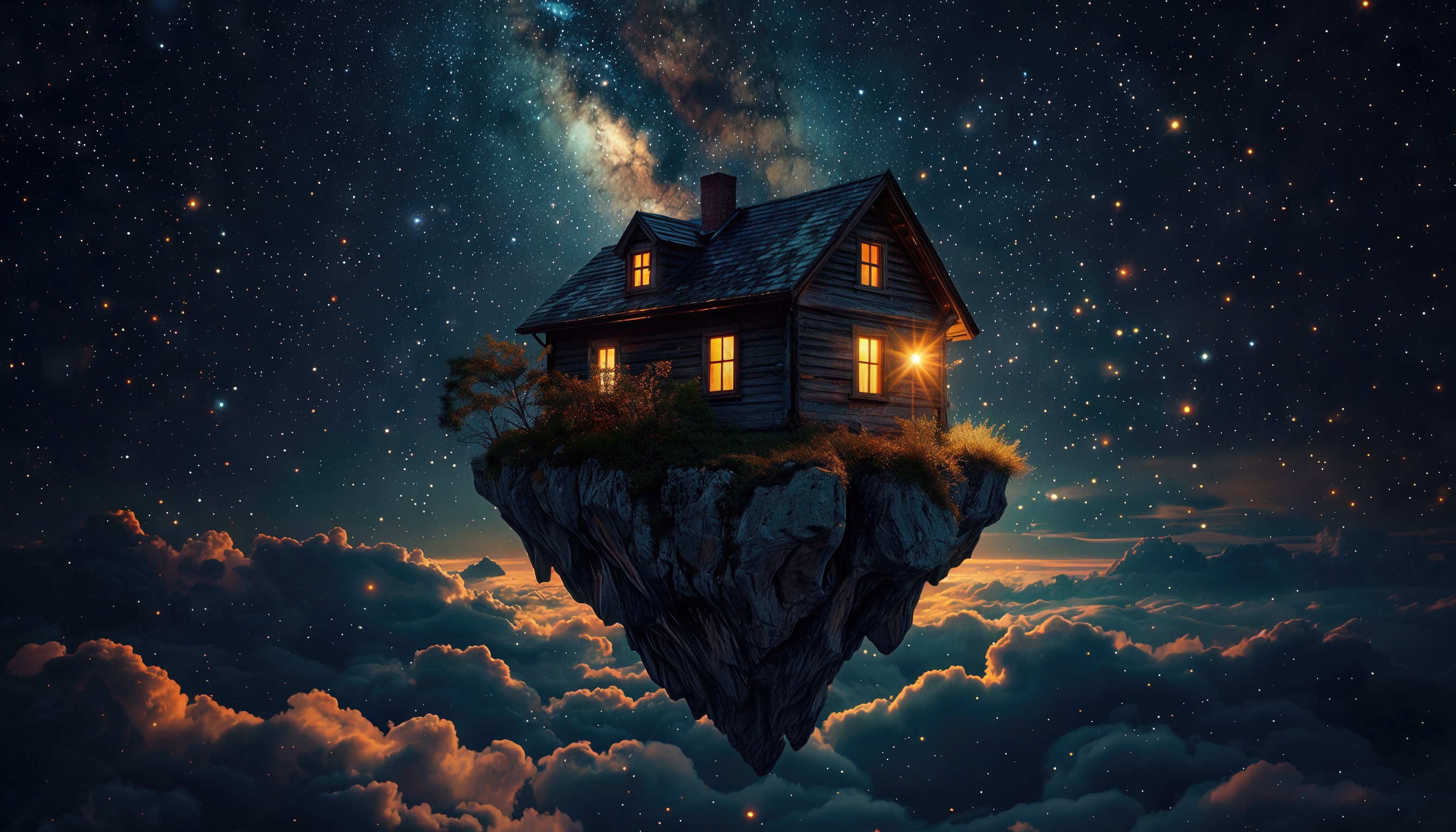 Бесплатное фото Дом на скале, парящей в облаках, под звездным небом.