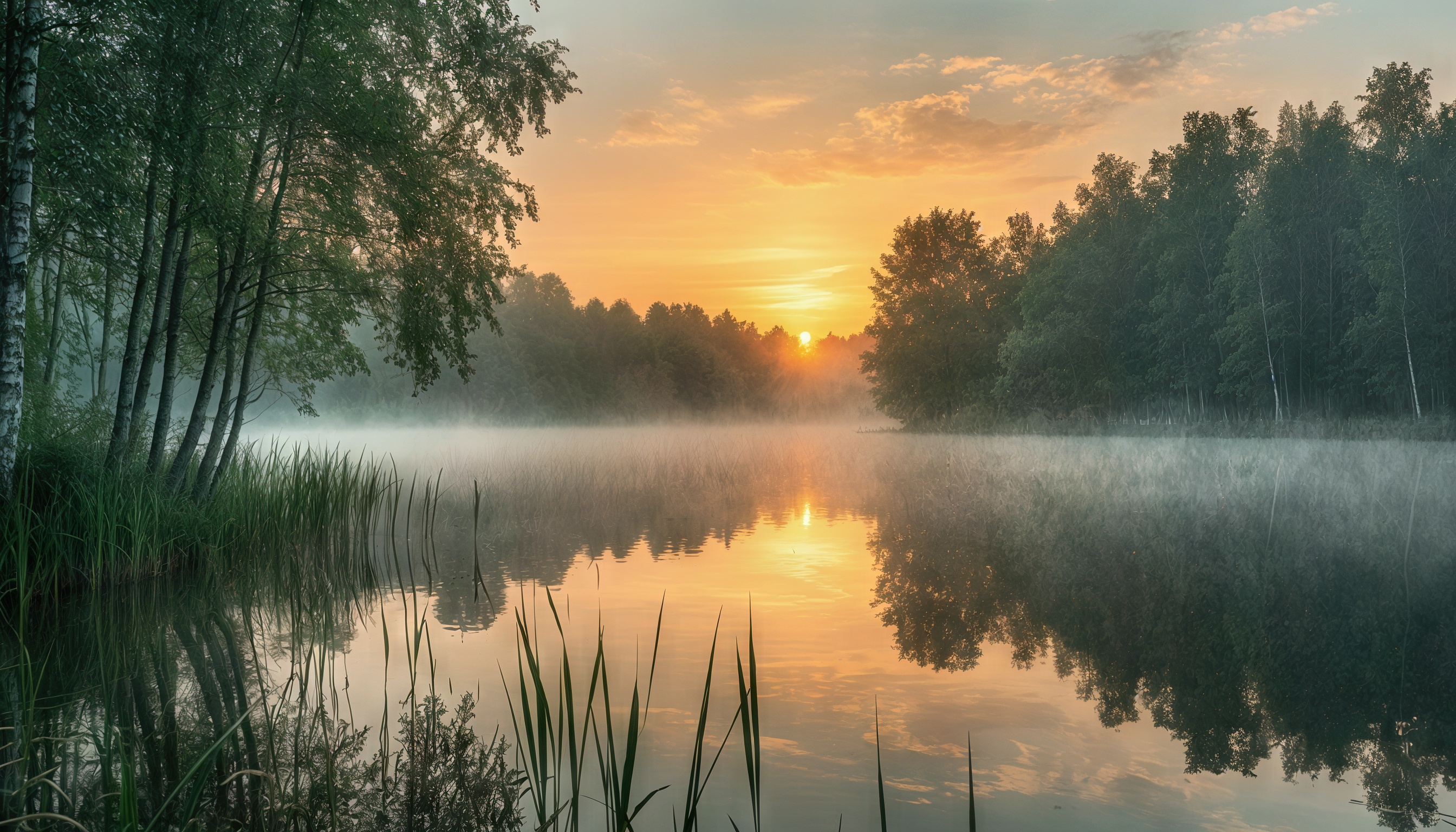 Золотой закат над тихой водной гладью среди природы, окутанной лёгкой дымкой, создавая атмосферу покоя и таинственности.