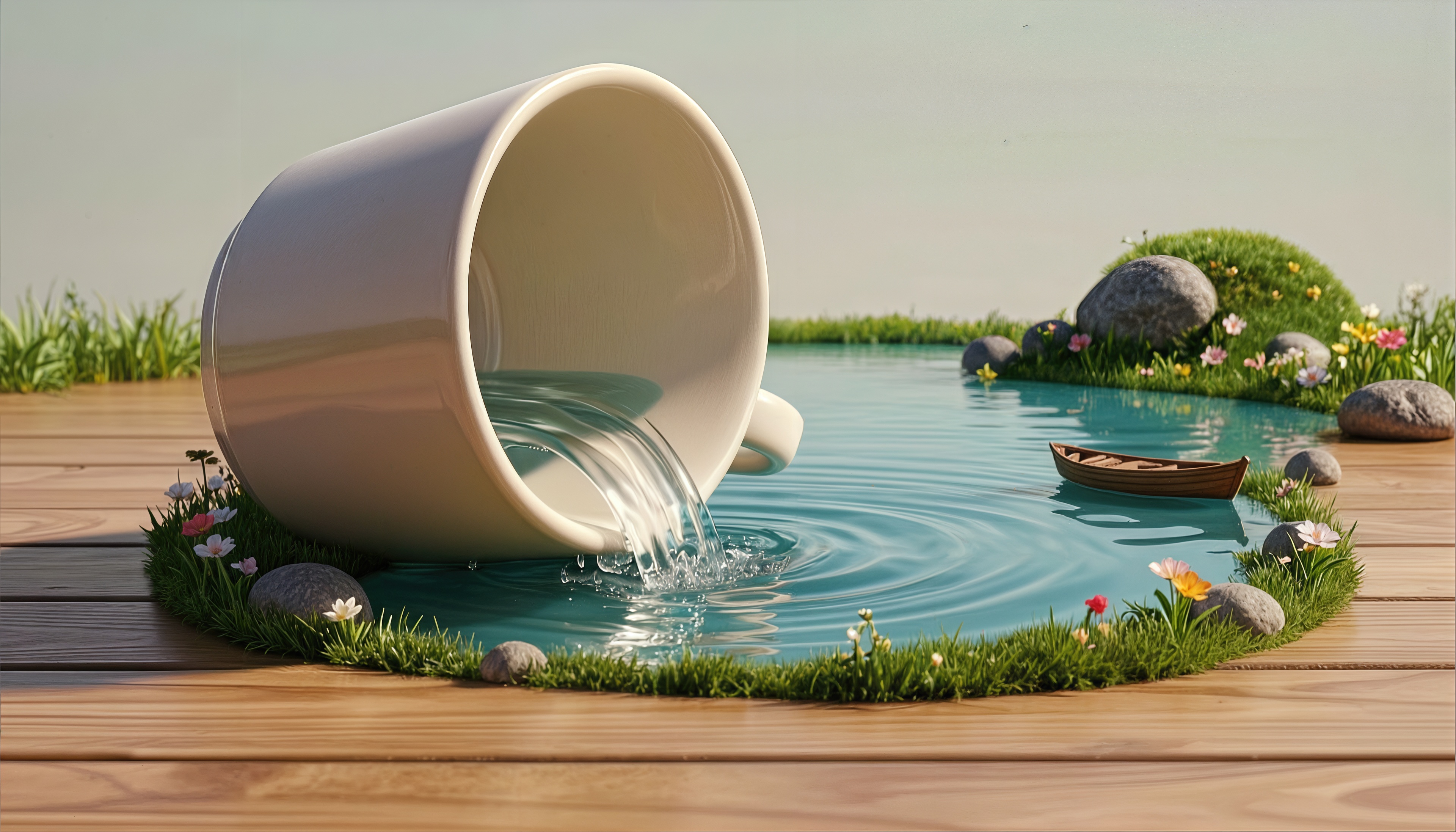 Free photo The mug creates a magical pond on a wooden deck.