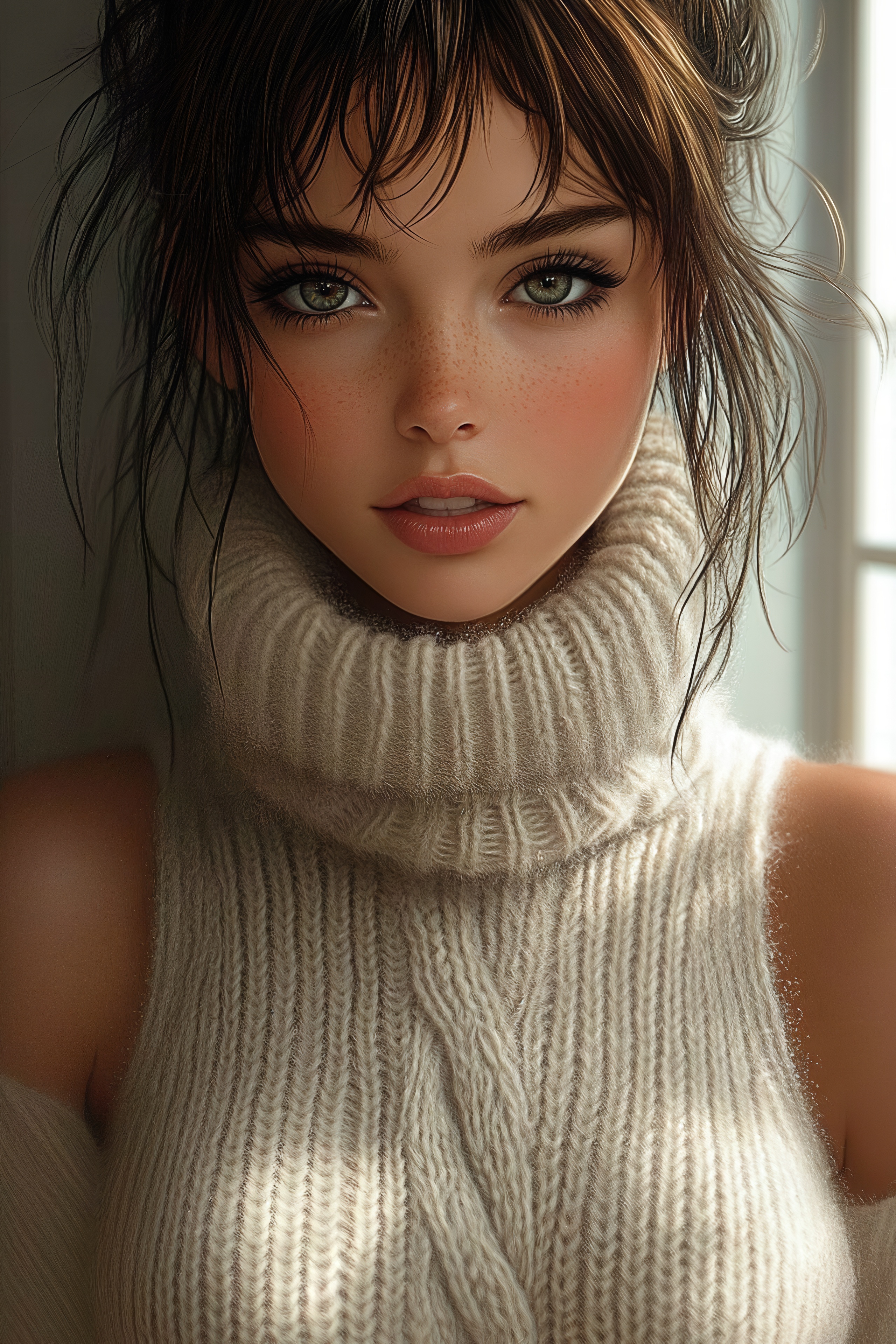 Free photo A girl with freckles in a cozy knitted turtleneck sweater.