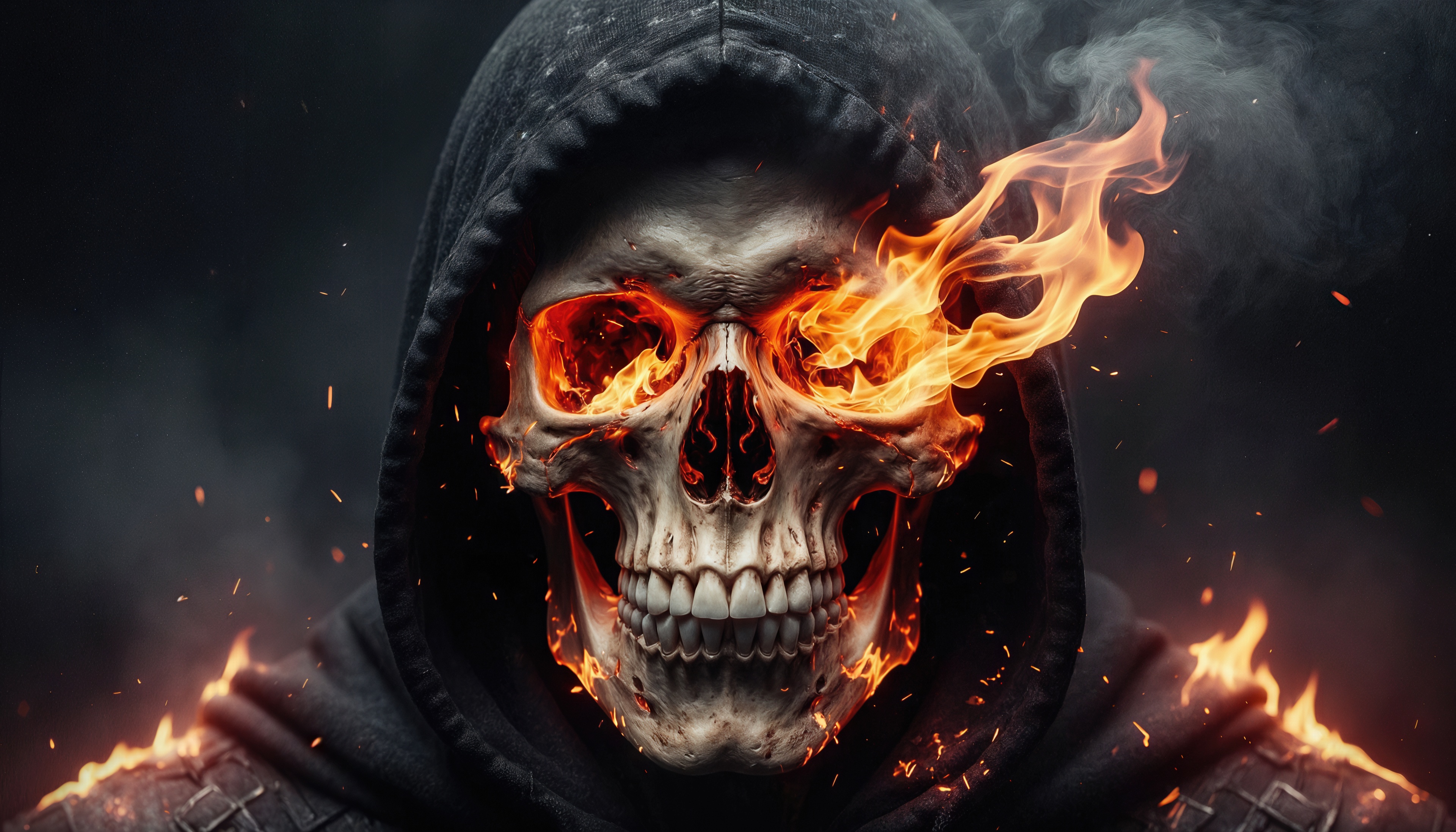 免费照片一个火热的头骨在一个黑色的兜帽，火焰吞噬的脸，阴沉的美学。