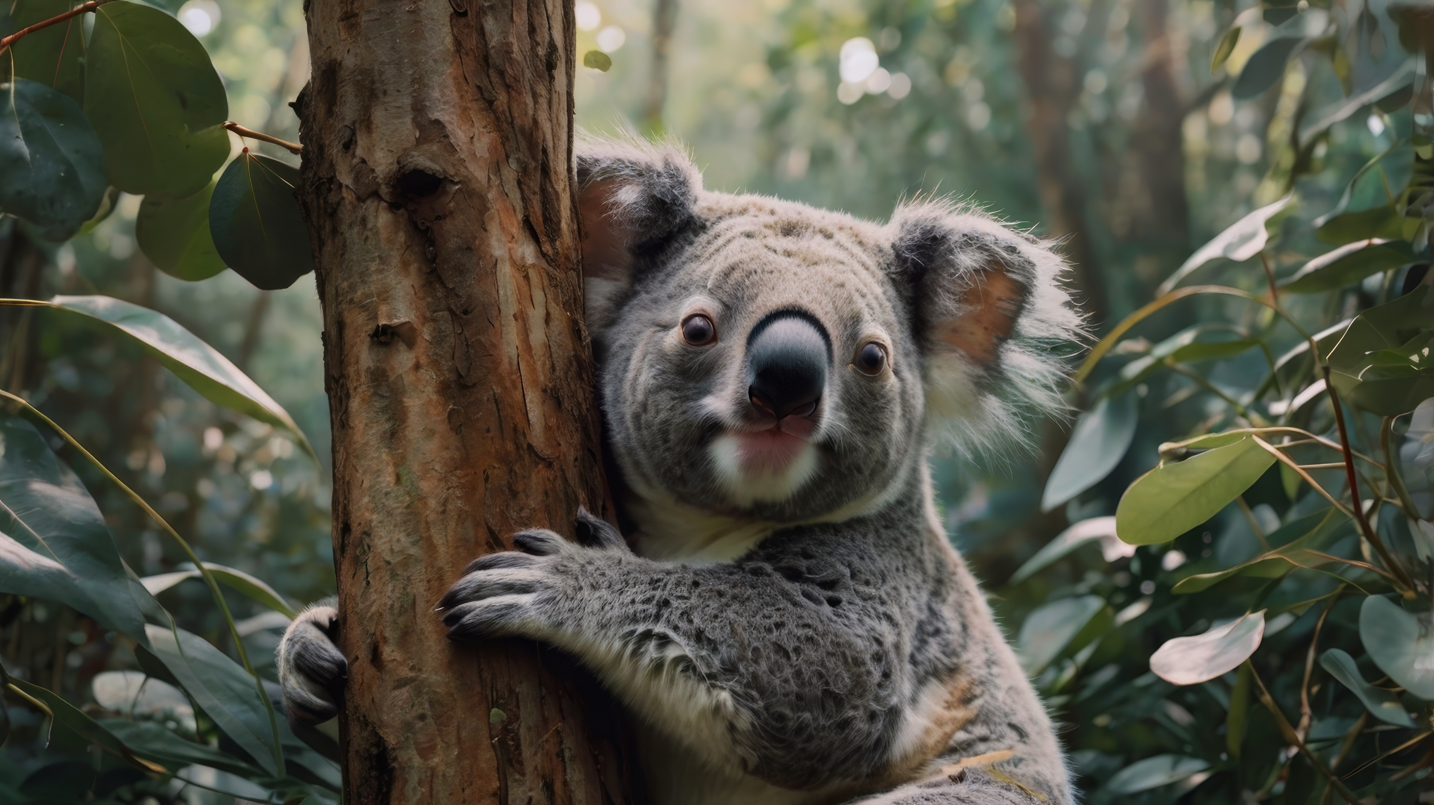 Бесплатное фото Коала, прислонившаяся к стволу дерева.
