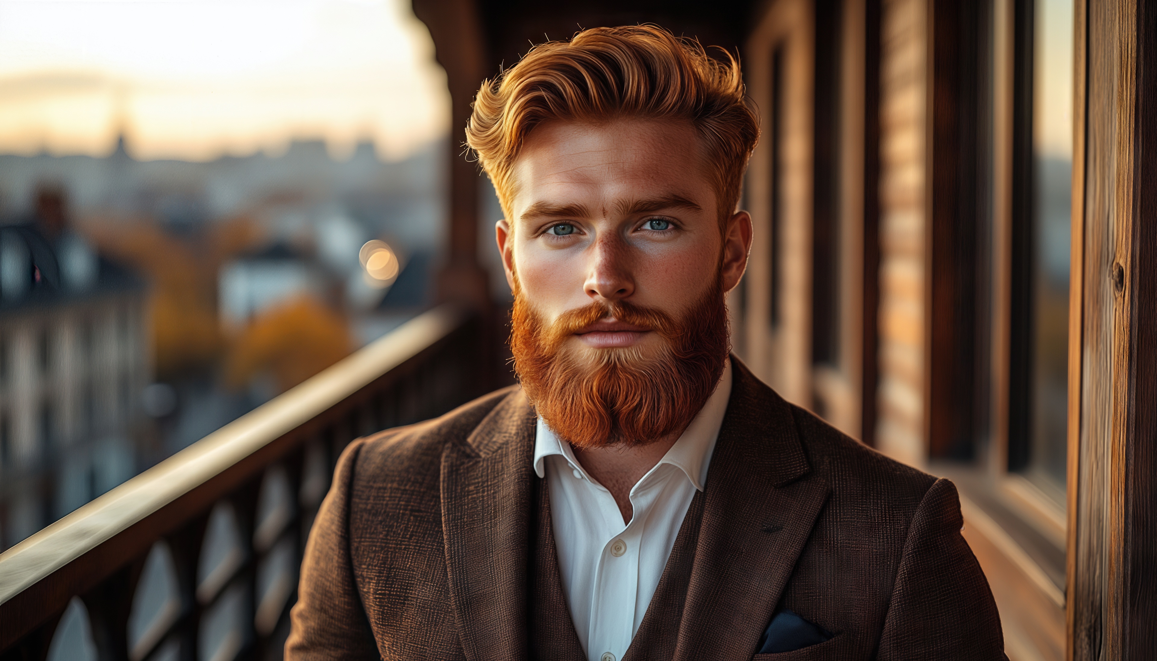 Бесплатное фото Рыжий джентльмен в твидовом пиджаке задумчиво встречает закат на балконе мегаполиса.