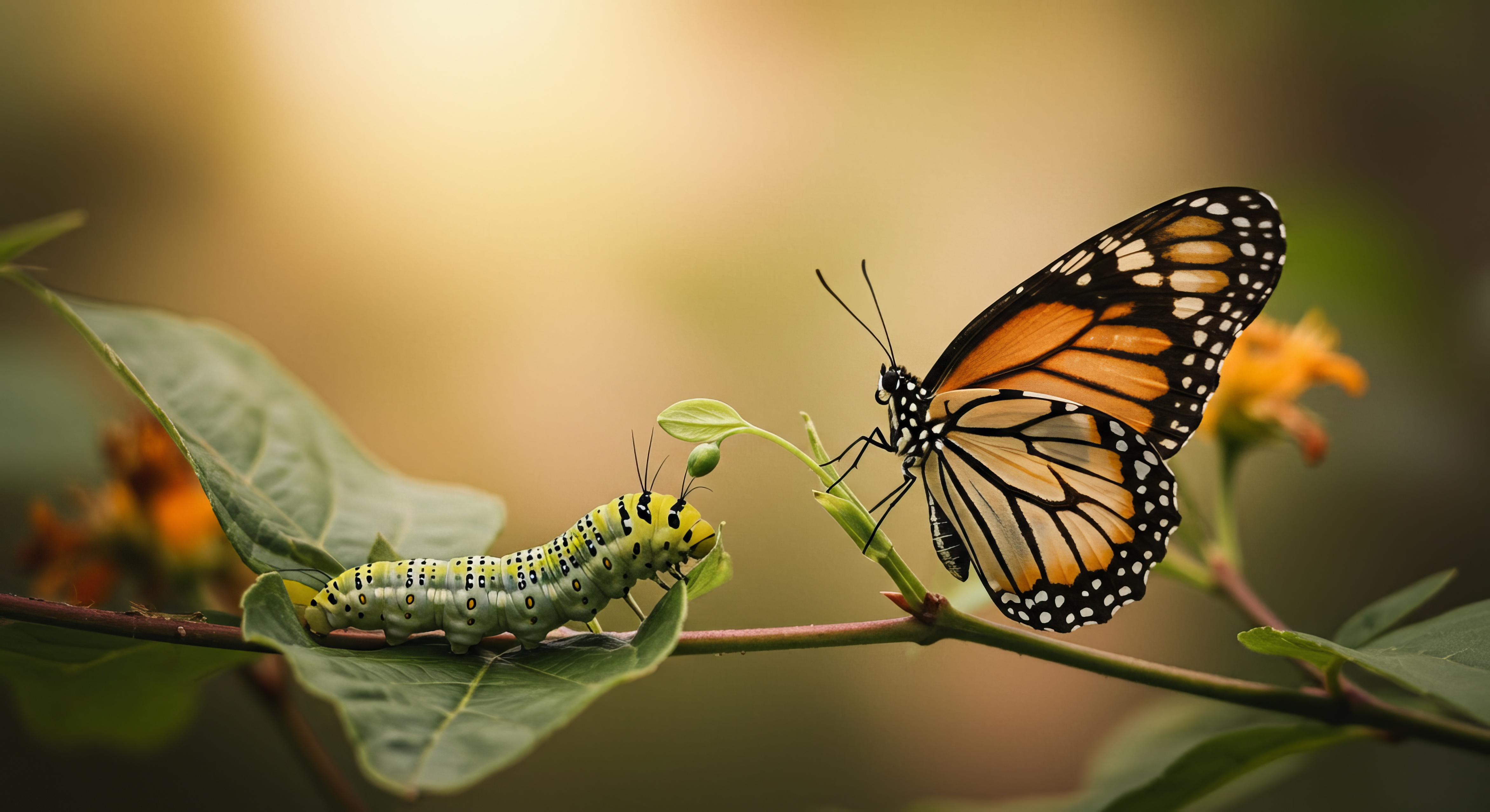 Бесплатное фото На листе сидит одна зеленая гусеница.