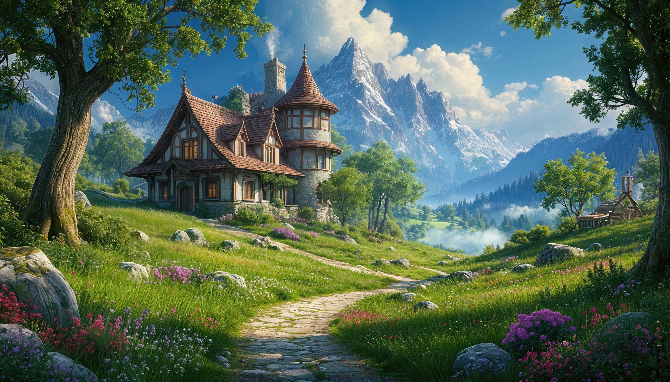 Бесплатное фото Домик в стиле фэнтези среди леса, гор и облачного неба.