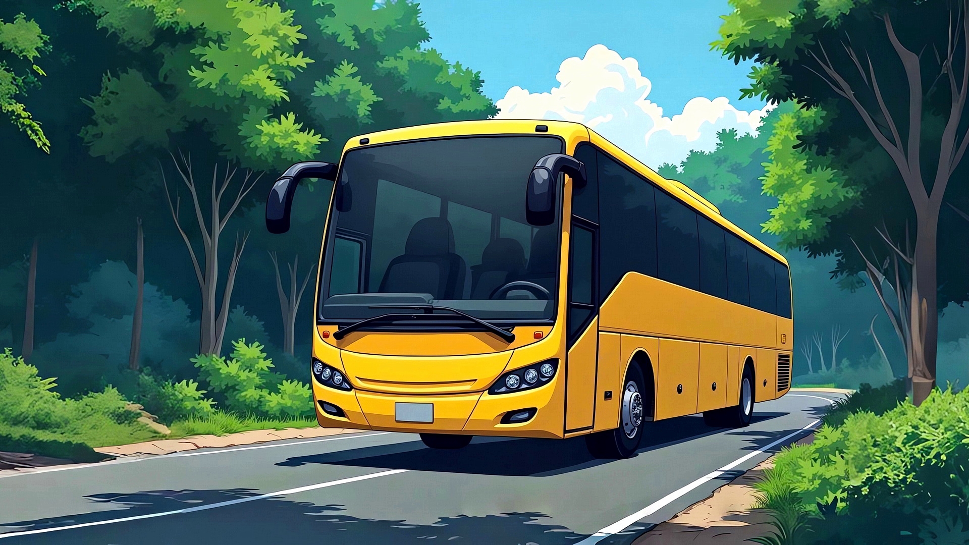 A yellow tour bus stands in the woods