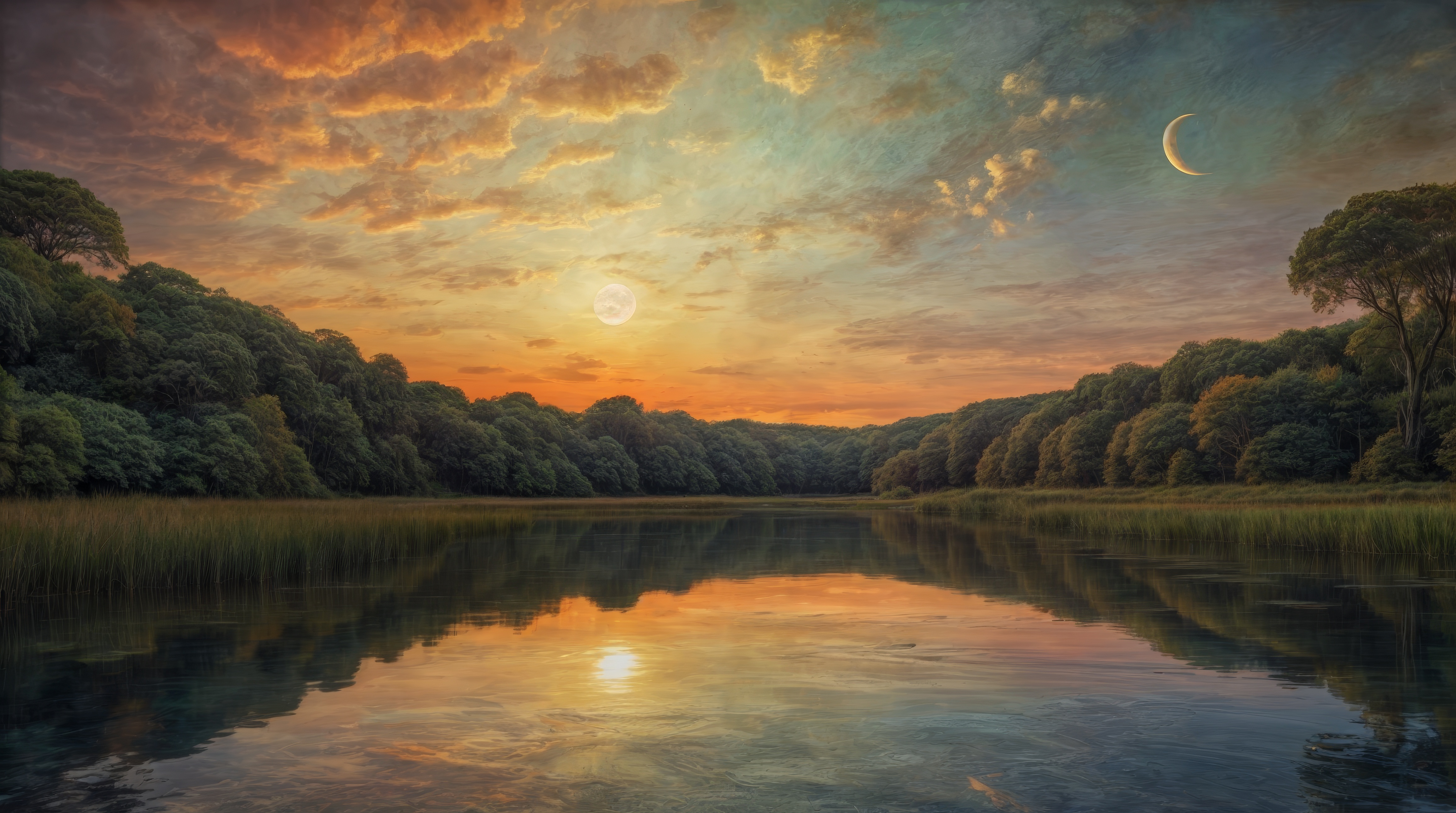 Картина с изображением заката над спокойной рекой