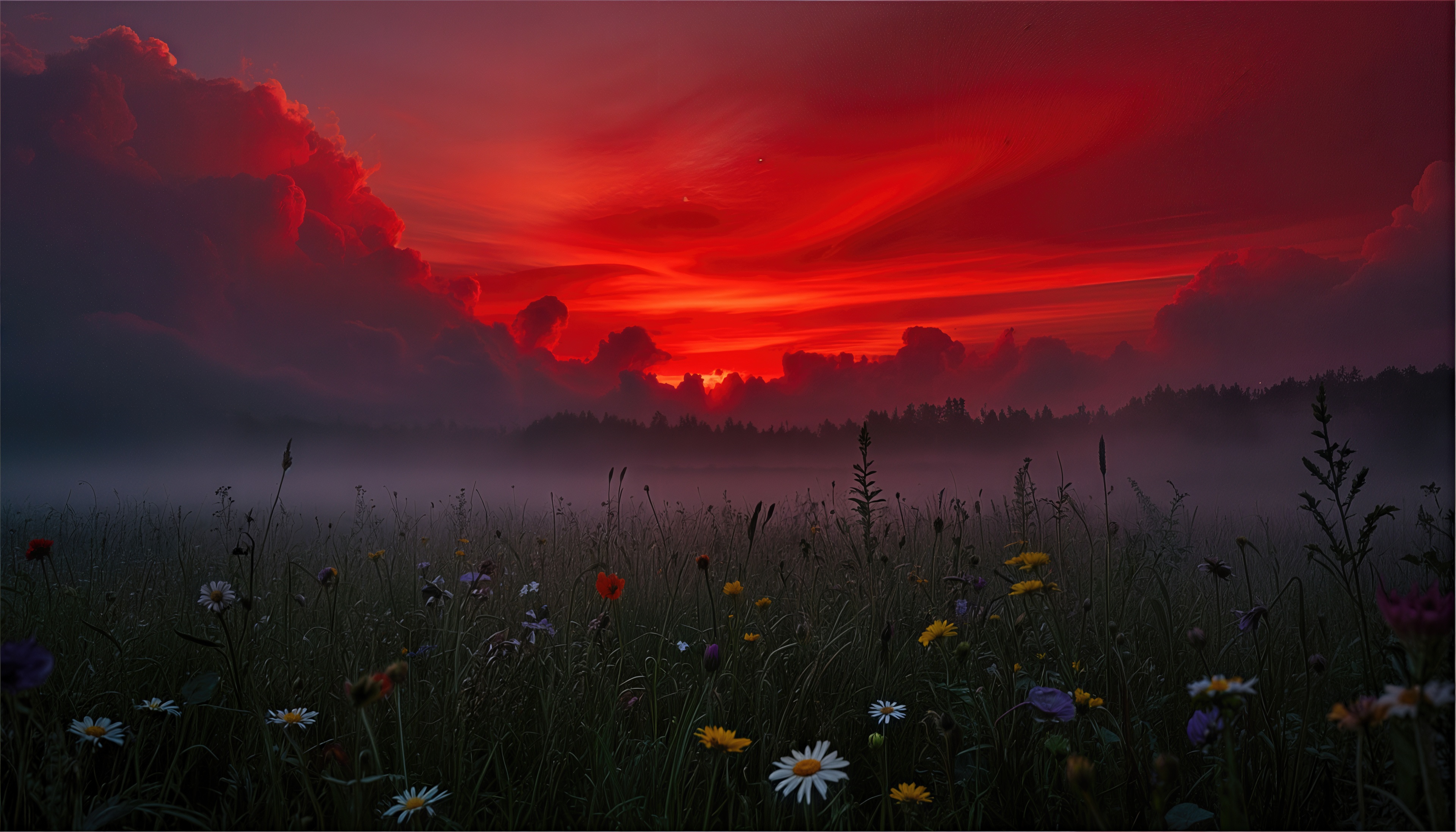 Free photo Dramatic ruby sunset over a misty field with wildflowers.