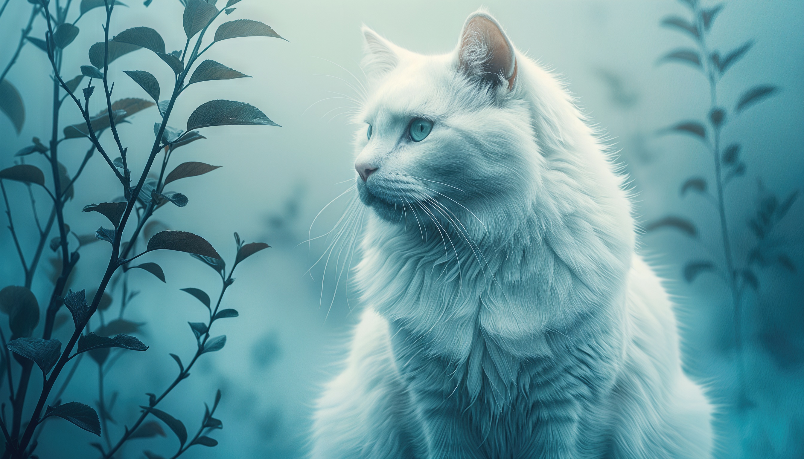 Бесплатное фото Белый кот с голубыми глазами смотрит на растение на фоне холодного пейзажа.
