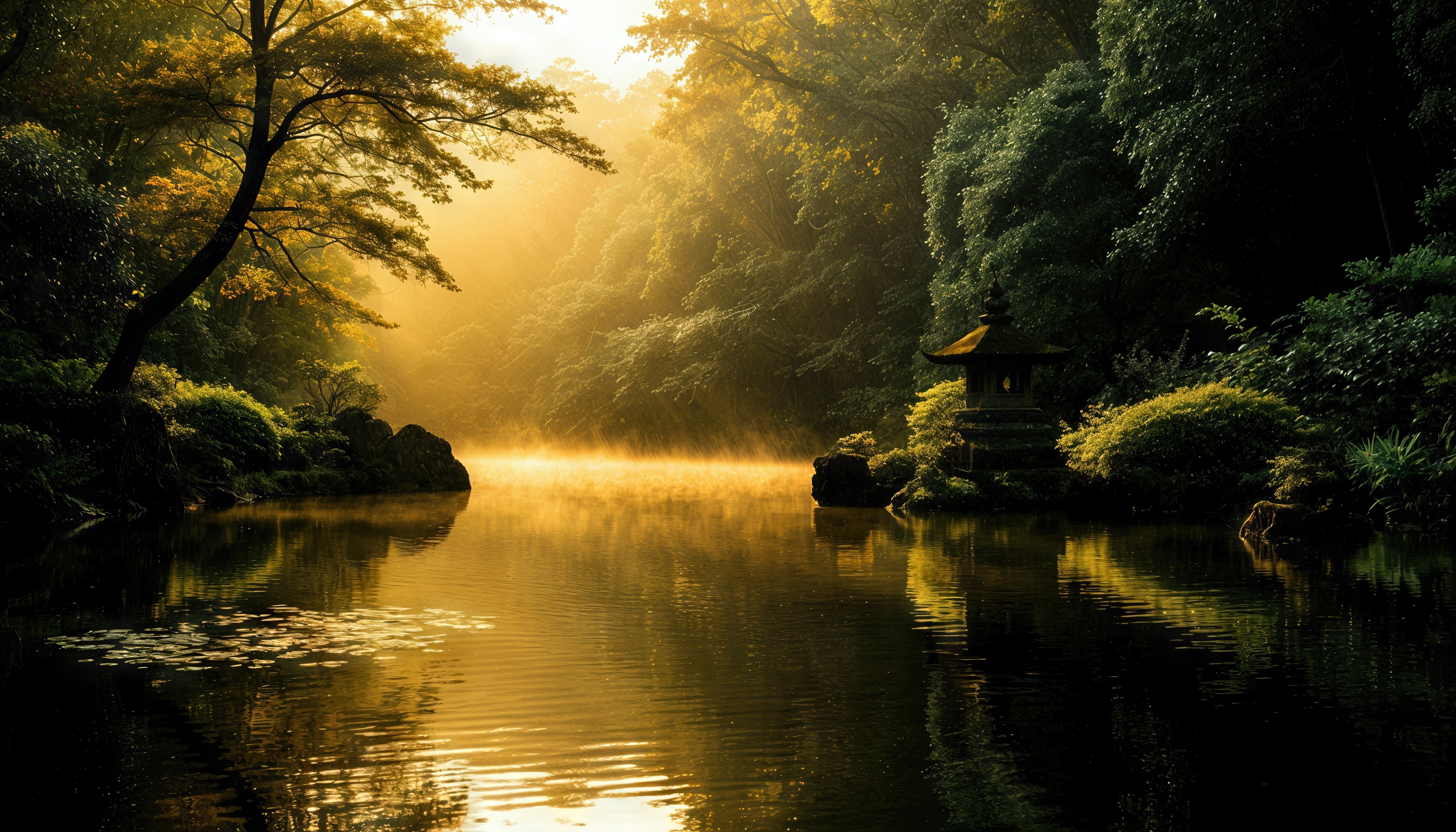 Бесплатное фото Живописный пейзаж с водоемом, традиционной постройкой и мягким освещением, характерным для японского стиля.