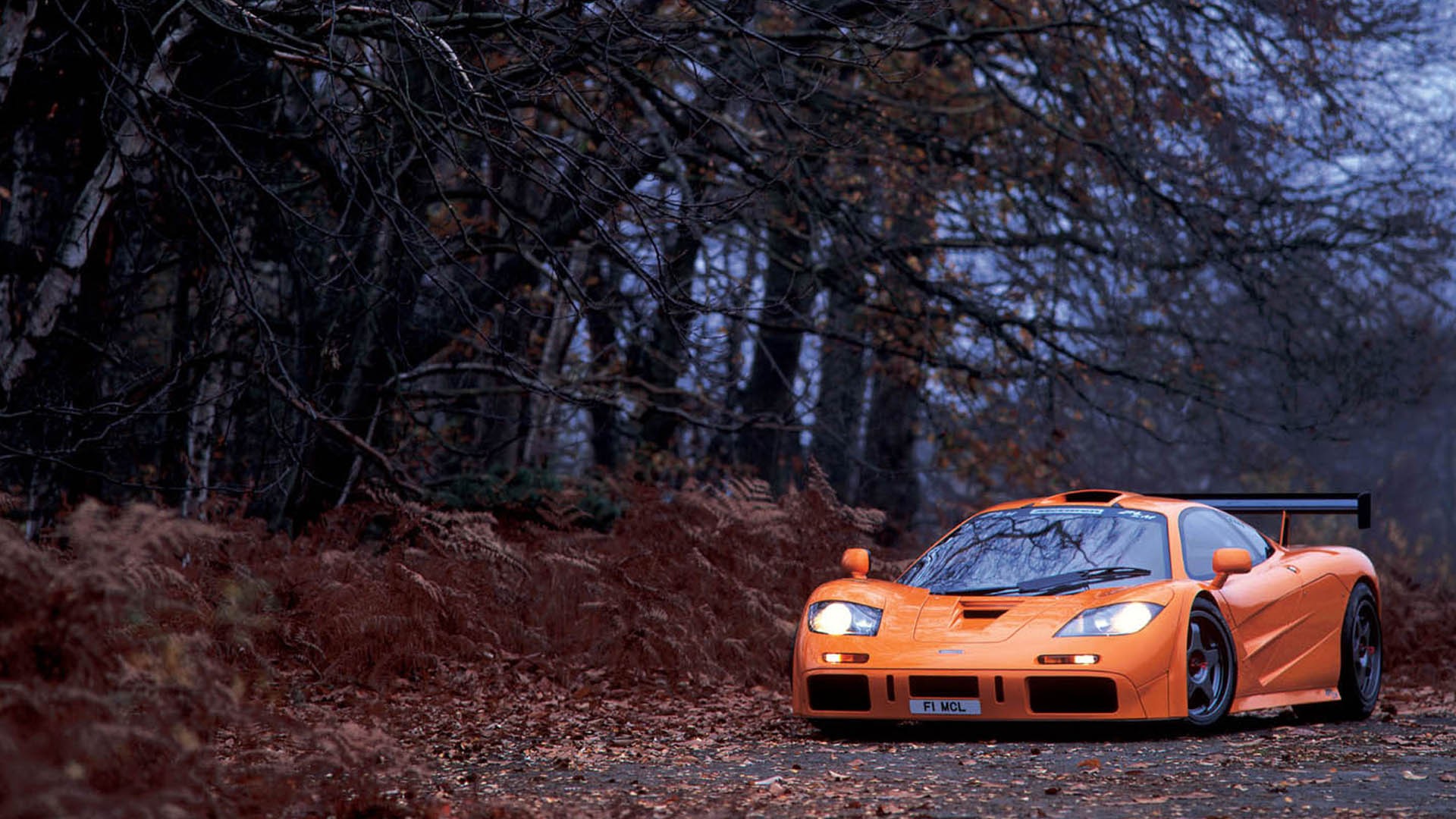 Free photo A yellow sports car against a forest backdrop