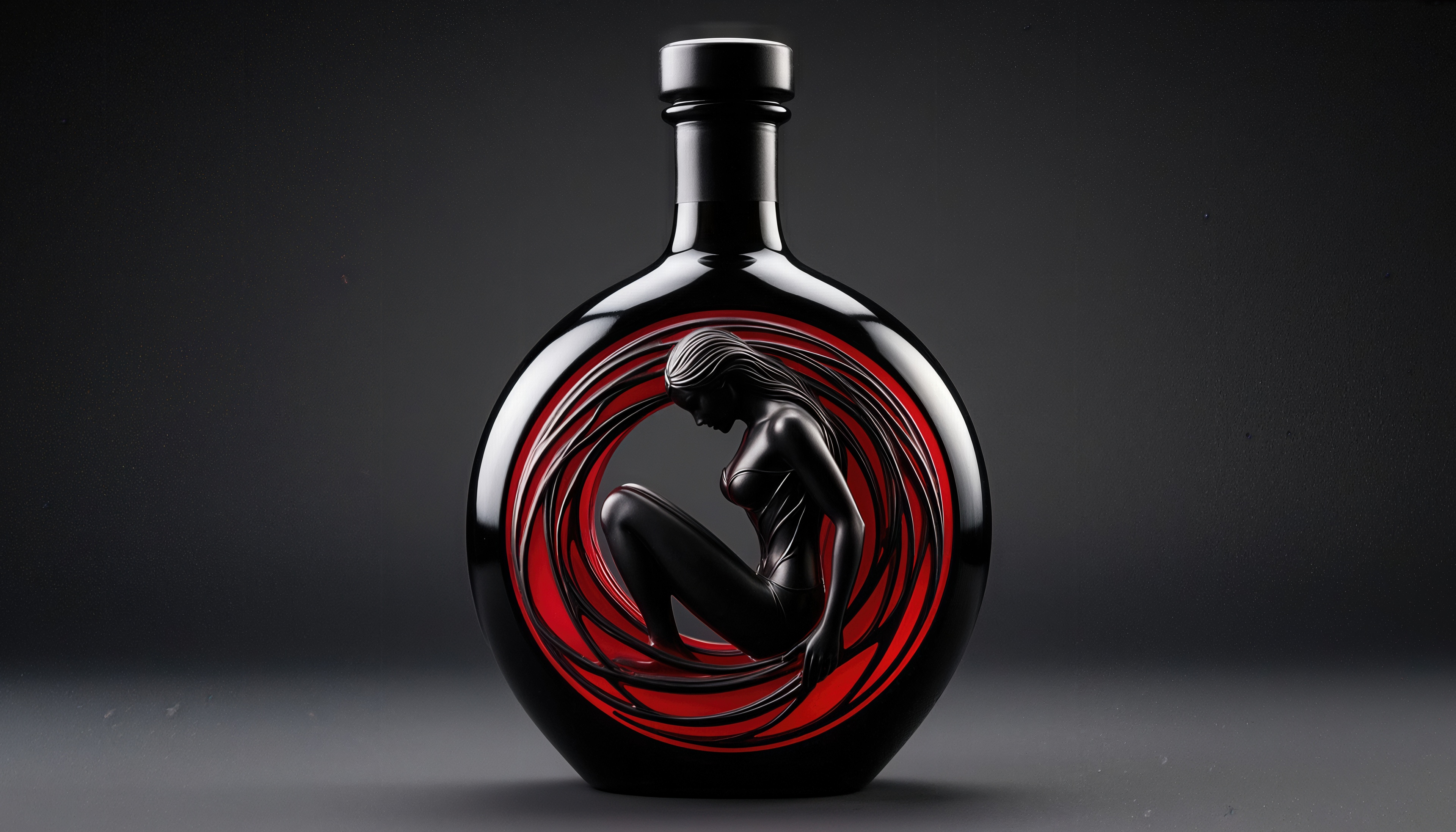 Чёрная бутылка с художественной фигурой женщины внутри.