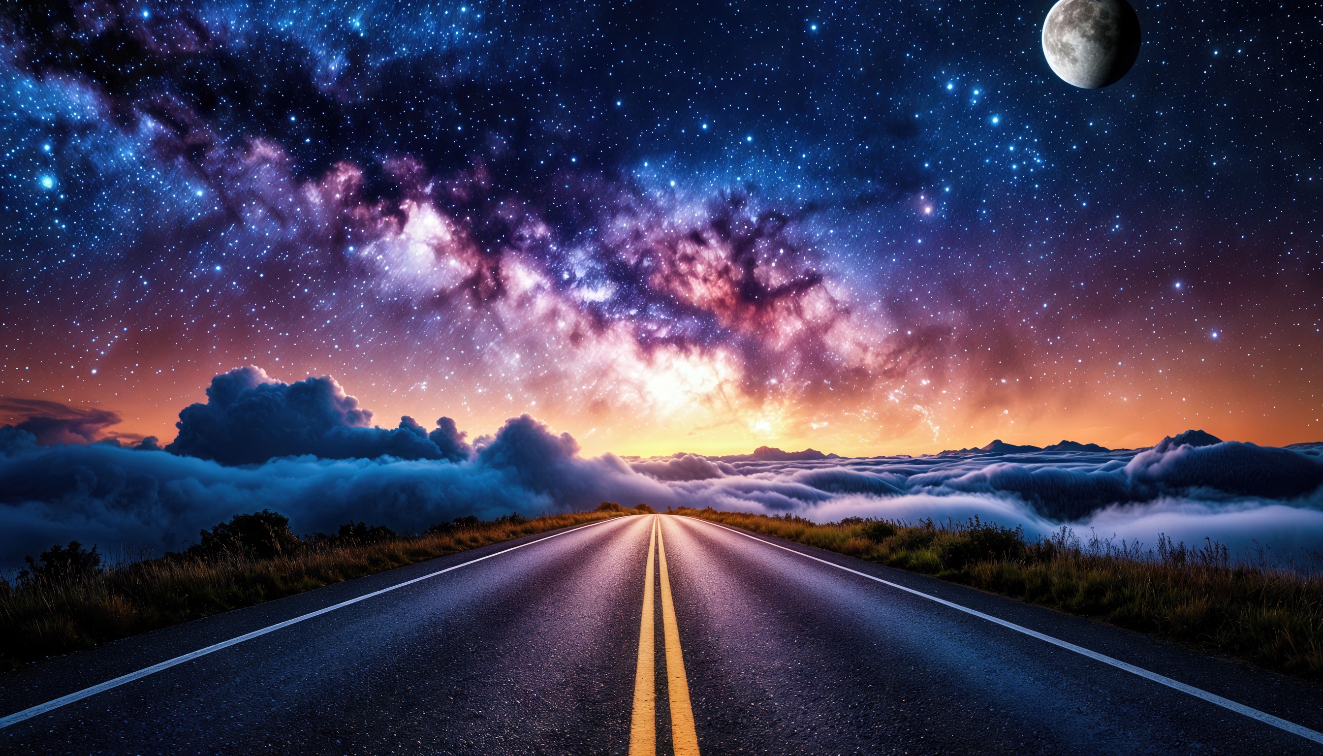 Бесплатное фото Дорога, уводящая в бесконечность звездного неба, обрамленная облаками и освещенная теплым светом заката.