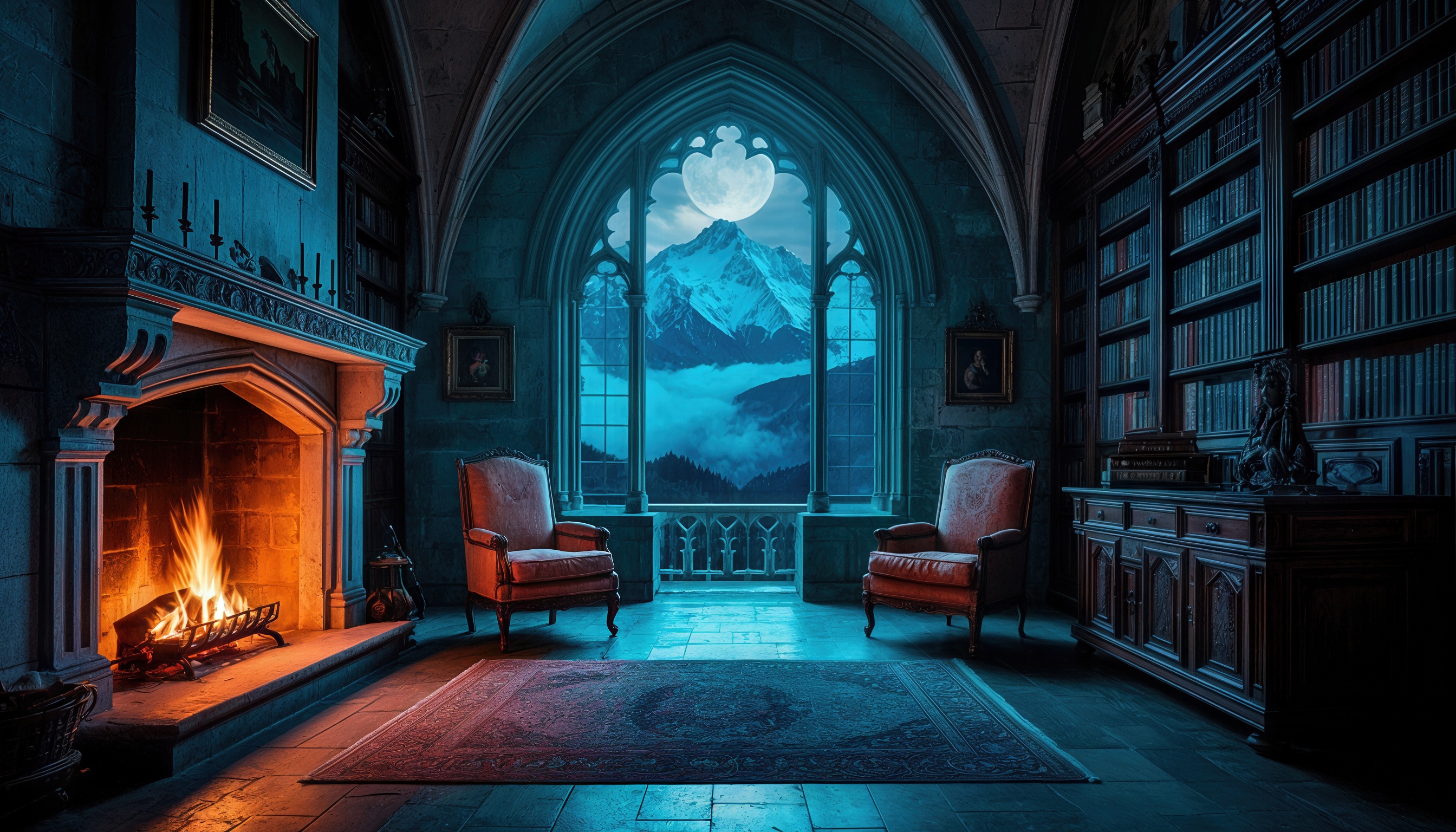 Бесплатное фото Готический интерьер с камином, книжным шкафом и видом на горы и луну через большое окно.