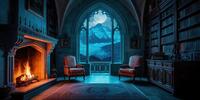 Готический интерьер с камином, книжным шкафом и видом на горы и луну через большое окно.