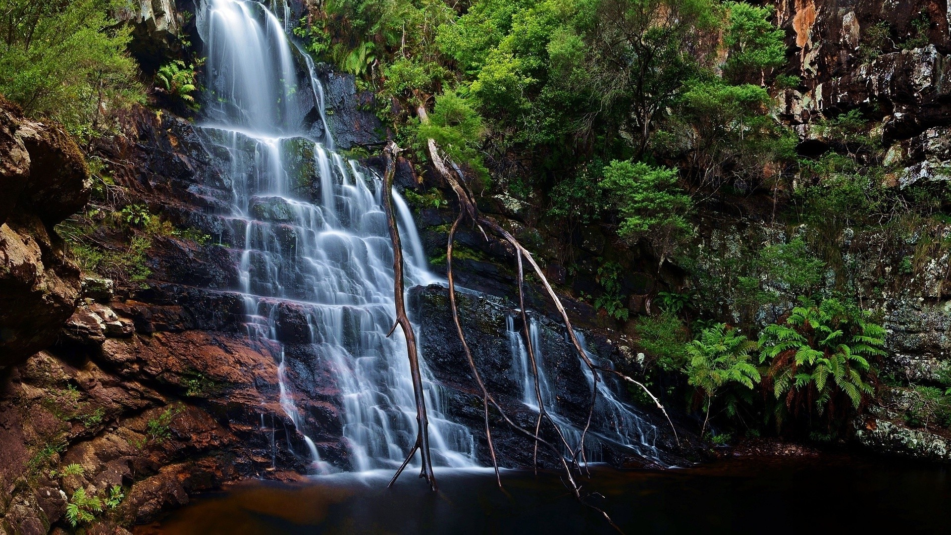 Free photo A shallow waterfall in the woods along the cliff face