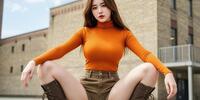 Девушка в оранжевом водолазке и коричневых джинсах с высокими ботинками на фоне здания.