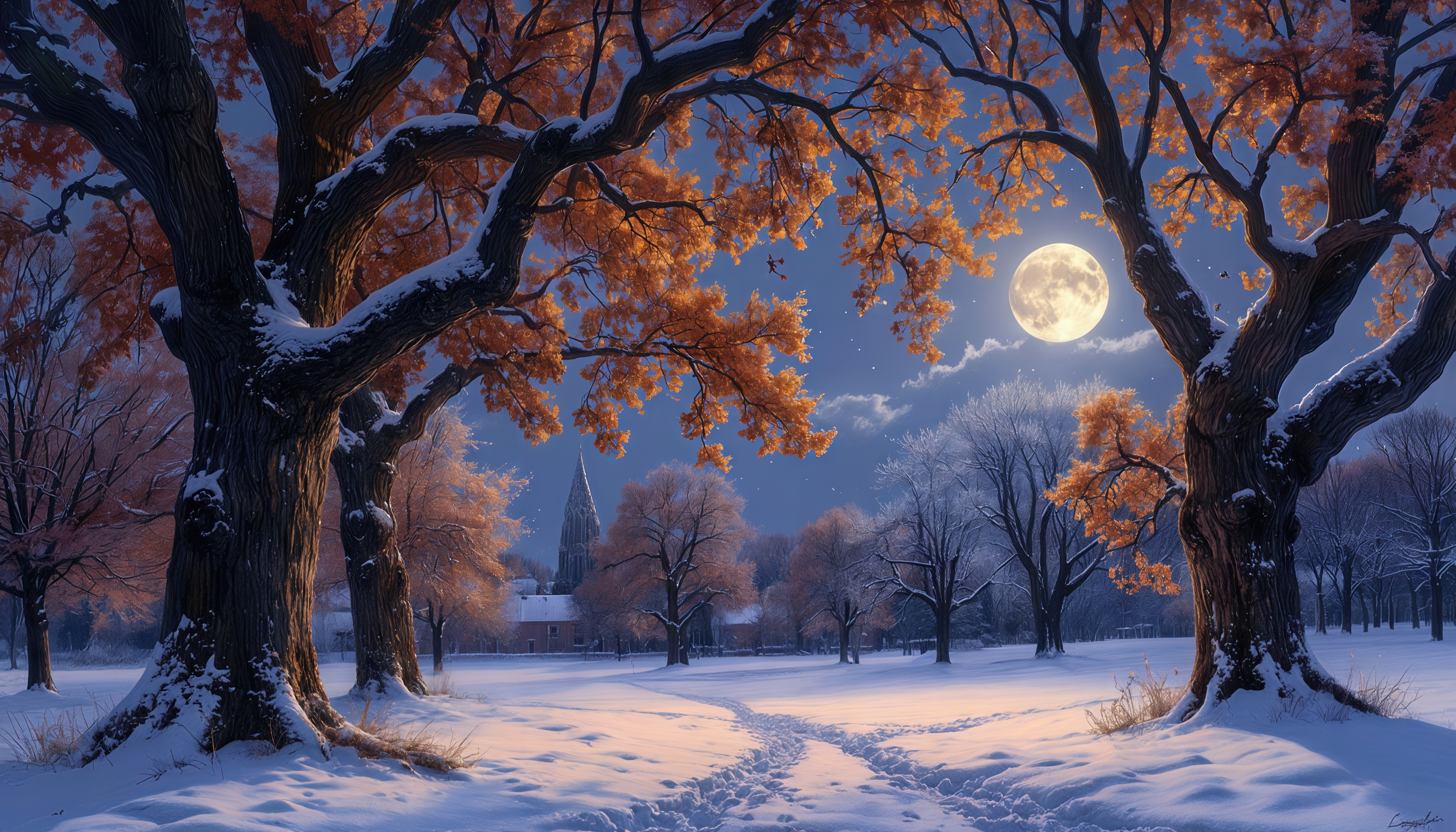 免费照片冬季公园在满月下，树木在雪地里有金色的叶子。