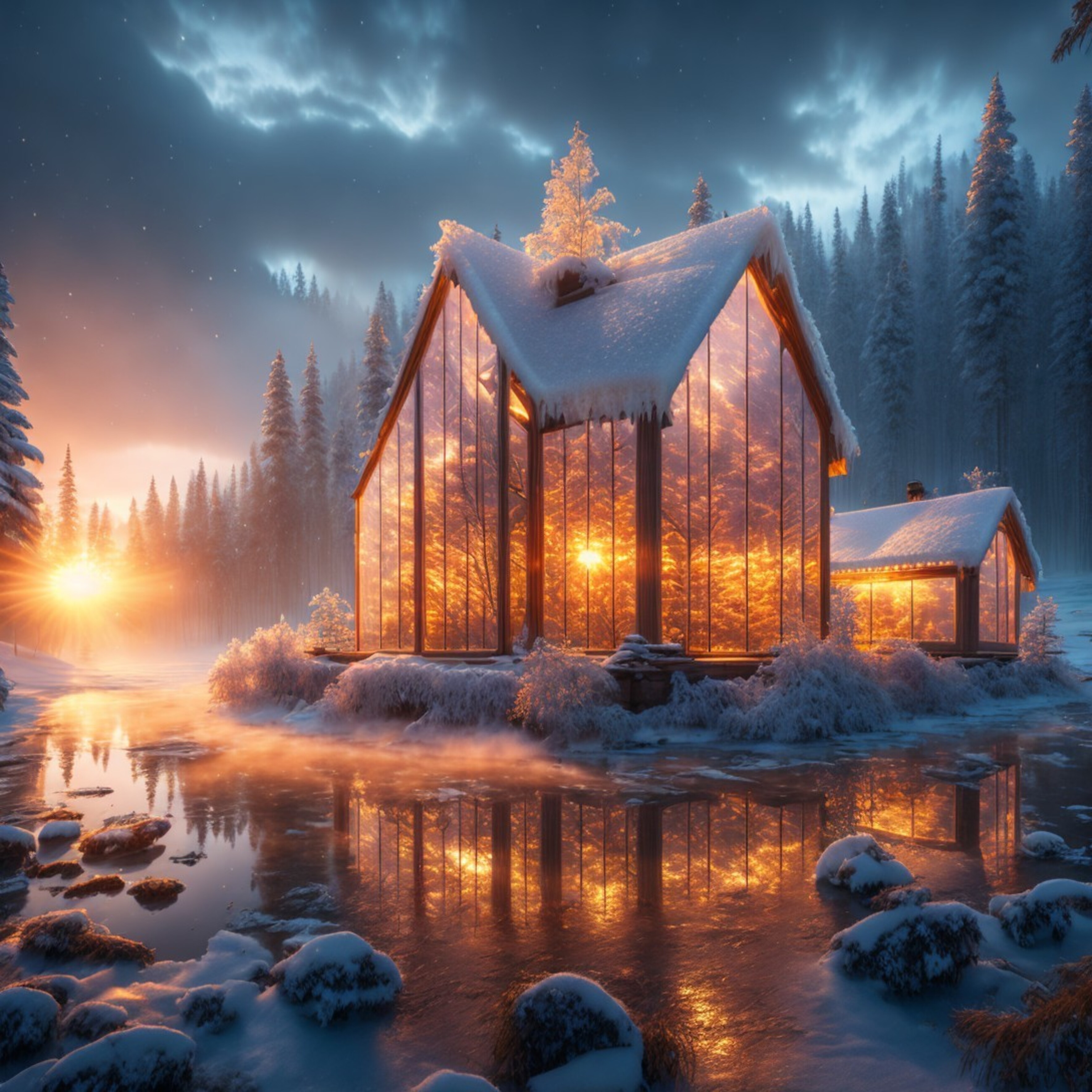 冬日灯火中的房屋